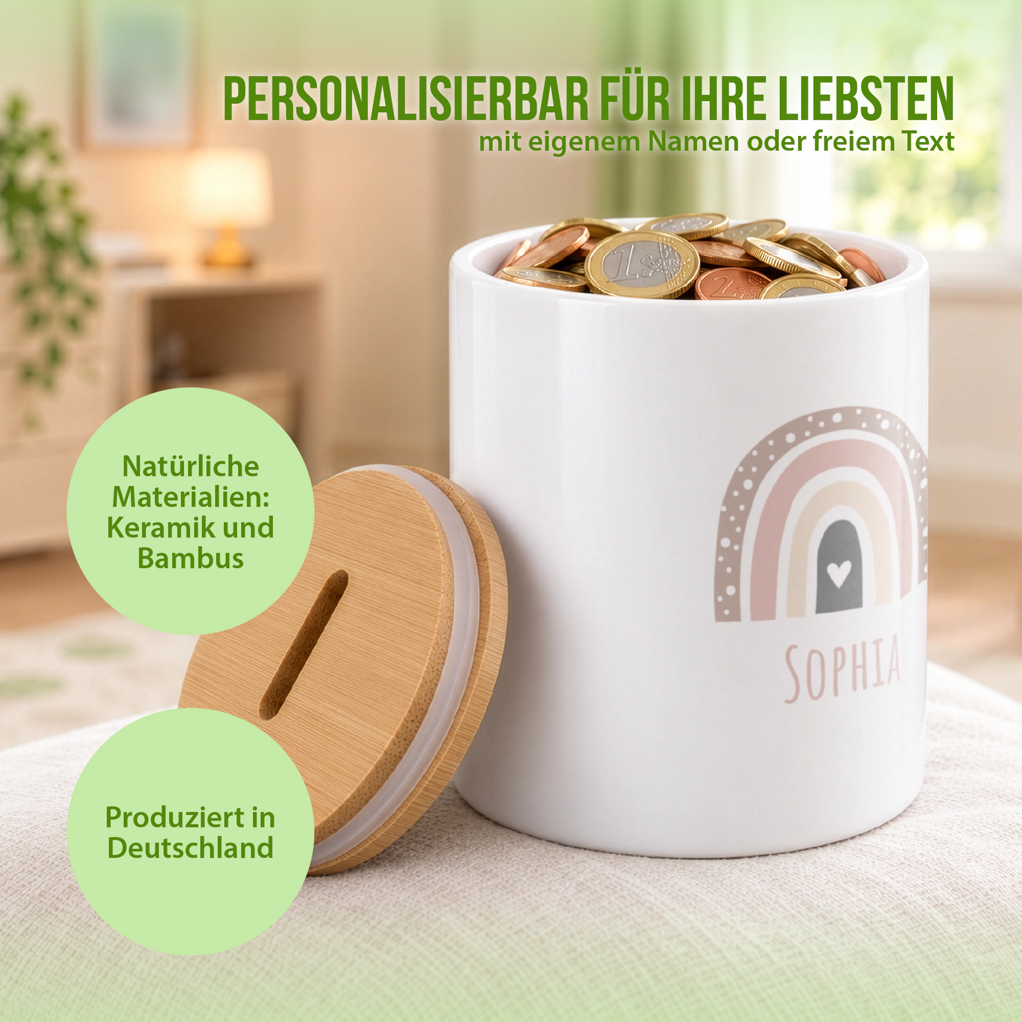 Spardose im Design Regenbogen Herzchen - Personalisierbar