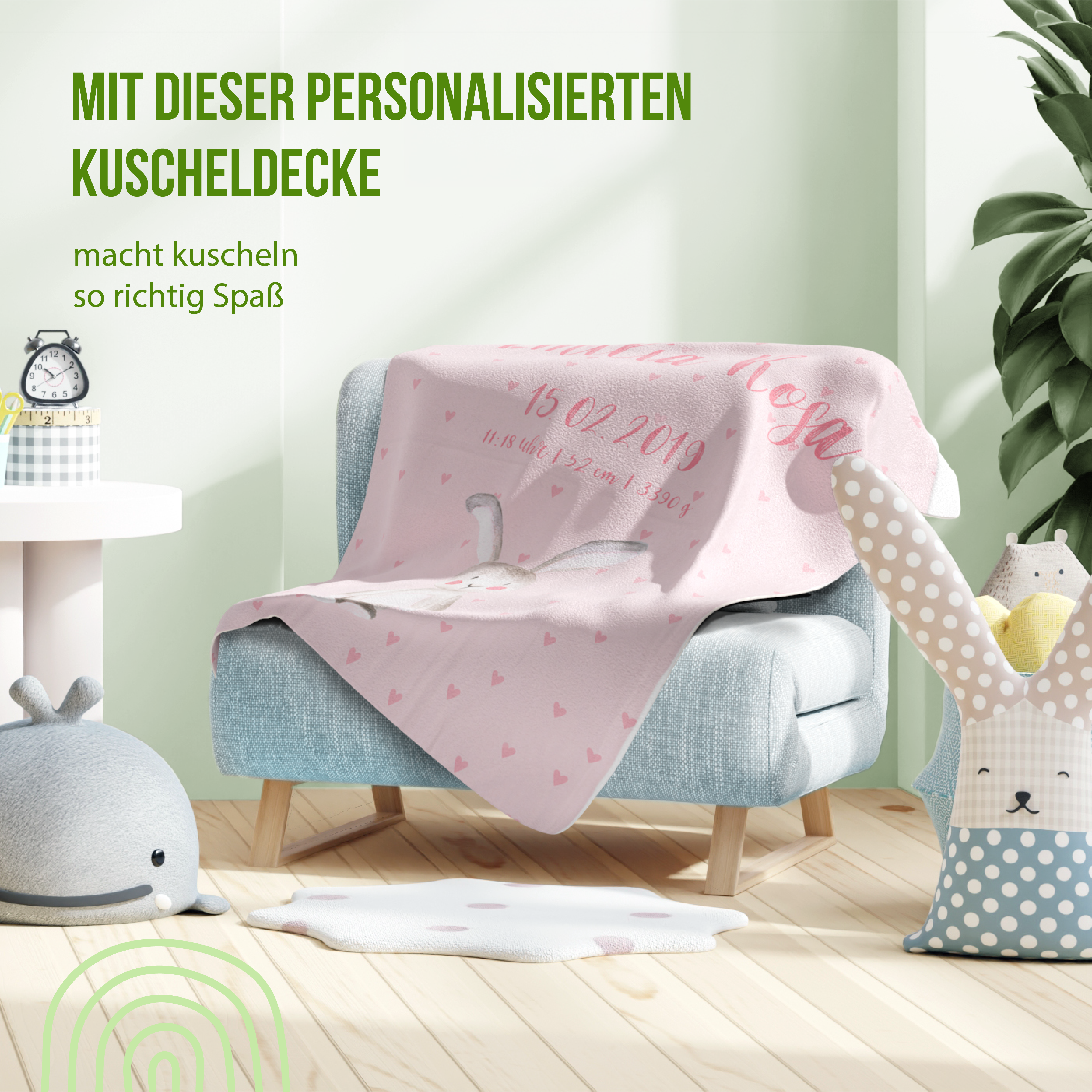 Kuscheldecke - Hase in Rosa - Mit Namen oder Text personalisierbar