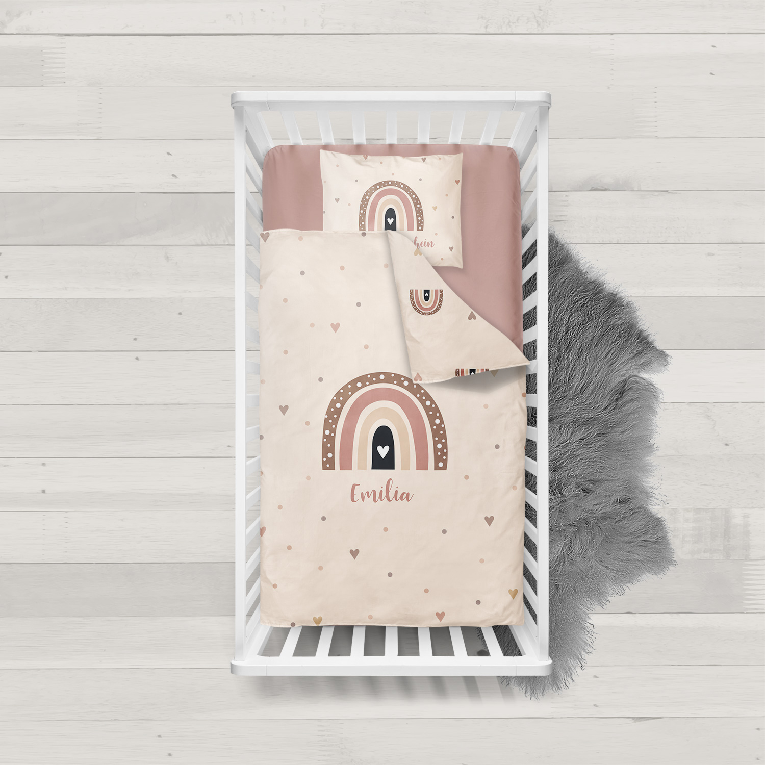 Regenbogen Herzchen - Kinder-Bettdeckenbezug mit Namen