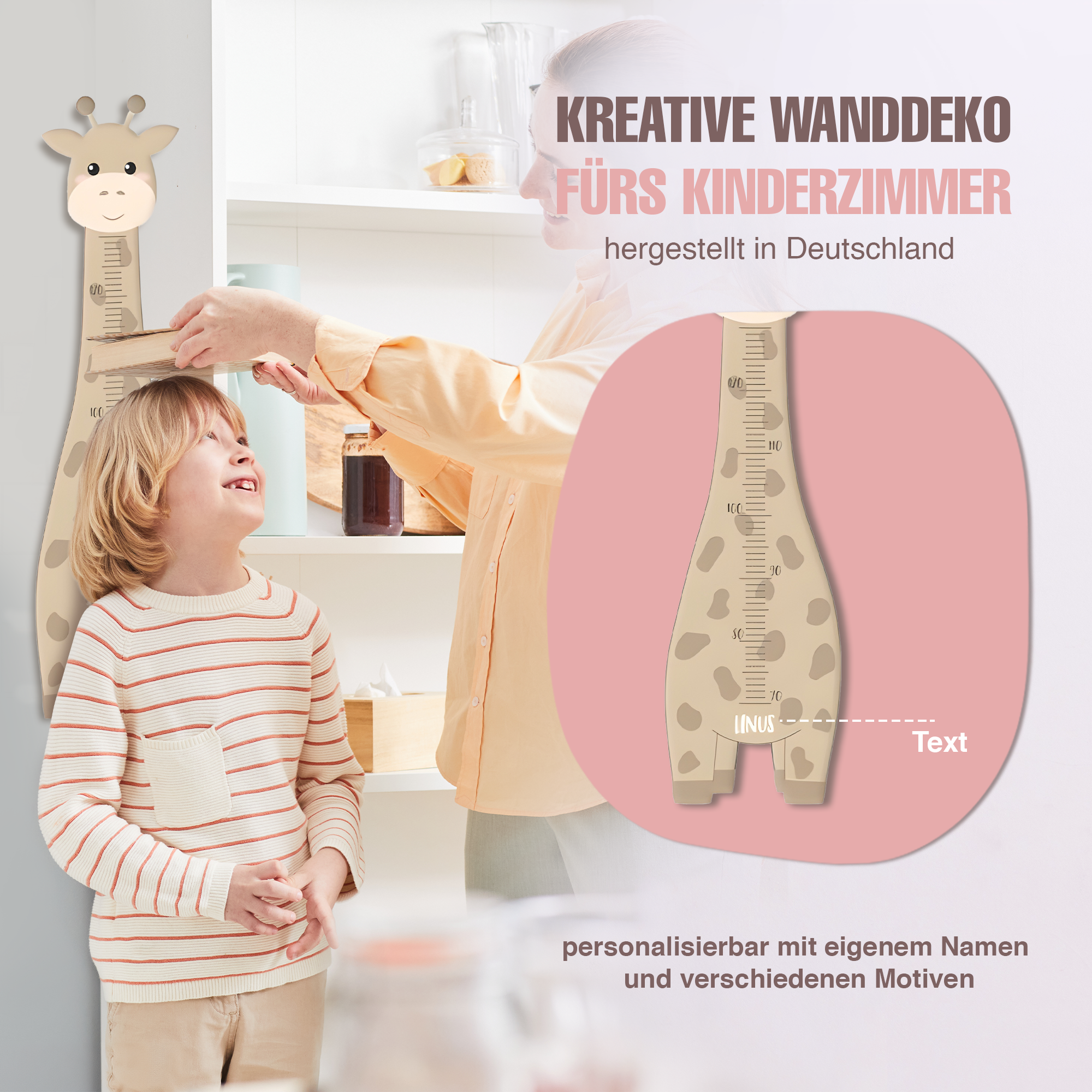 Messlatte für Kinder personalisiert mit Namen und eigenen Texten - Design Giraffe