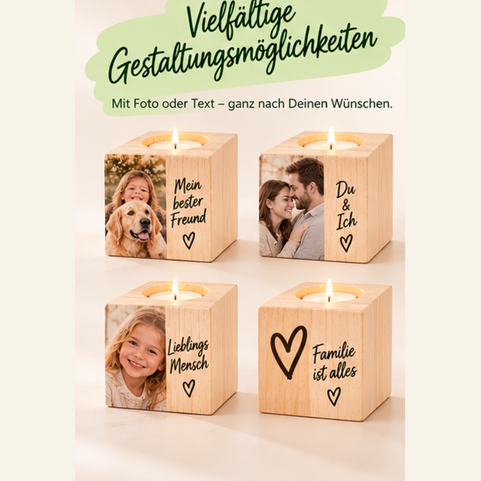 Personalisierter Teelichthalter aus Holz mit Foto oder Namen in Würfelform