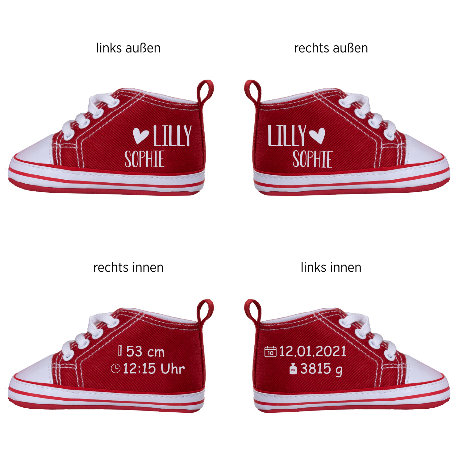Baby Sneaker mit Namen personalisierbar mit Text in den Farbe Rot
