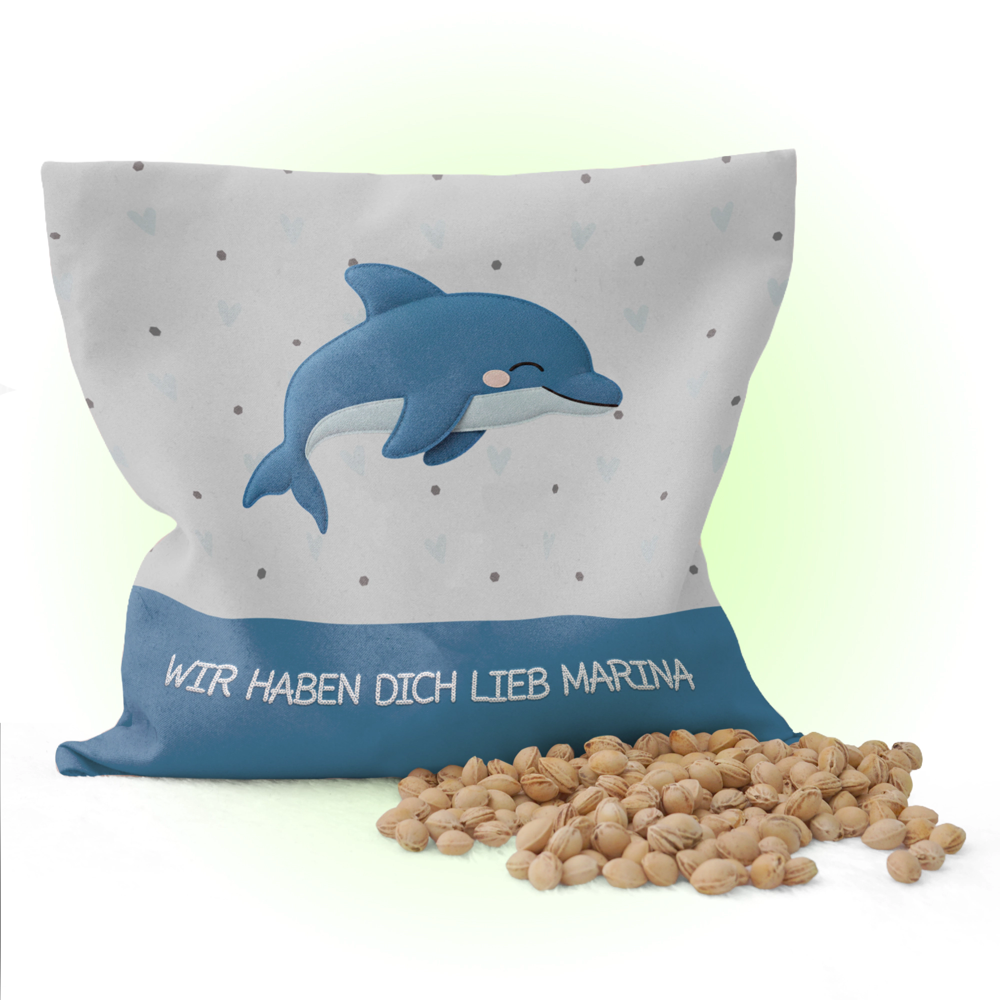 Personalisiertes Kirschkernkissen mit Schlummer-Delfin