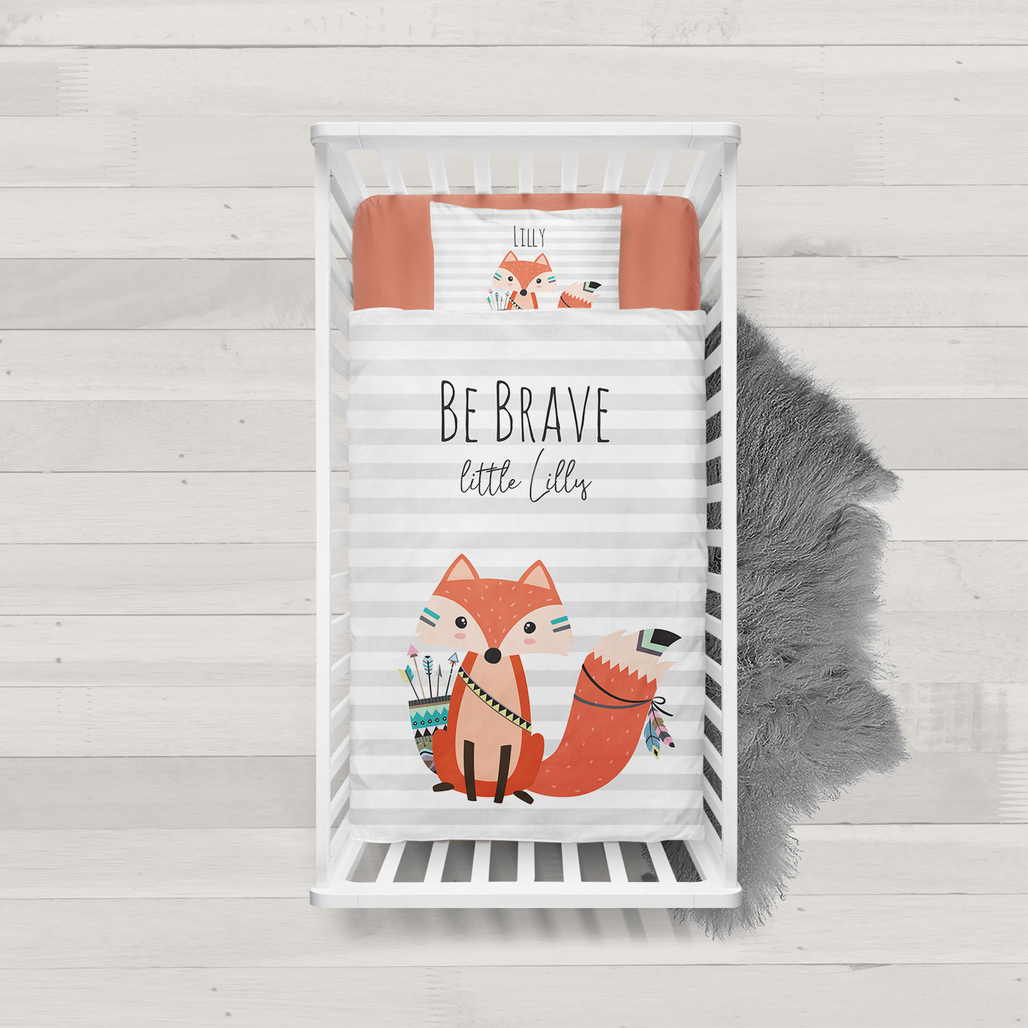 Be brave - Fuchs grau - Bettbezug mit Namen