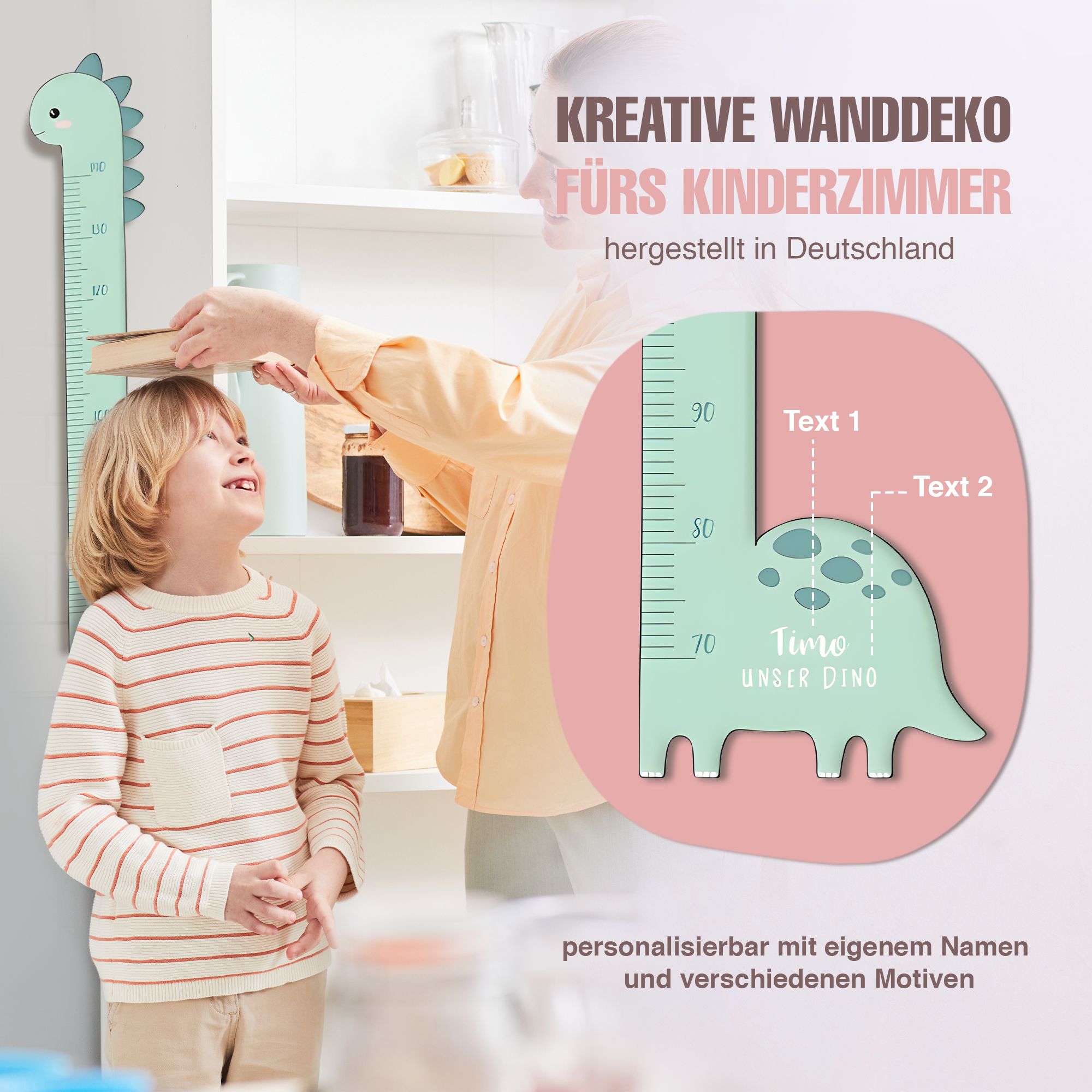 Messlatte für Kinder personalisiert mit Namen und eigenen Texten - Design Dino