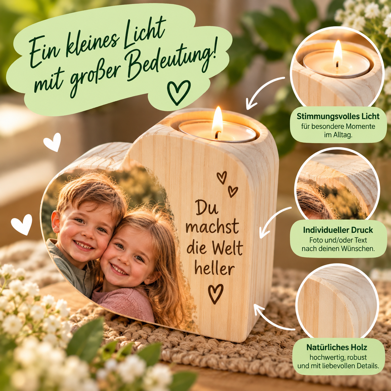 Personalisierter Teelichthalter aus Holz mit Foto oder Namen in eleganter Herzform