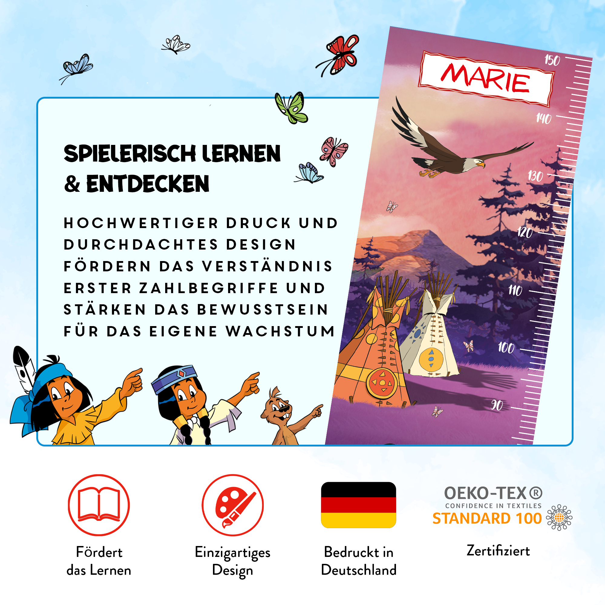 Yakari Messlatte für Kinder personalisiert mit Namen und eigenen Texten - Design Lagerfeuer