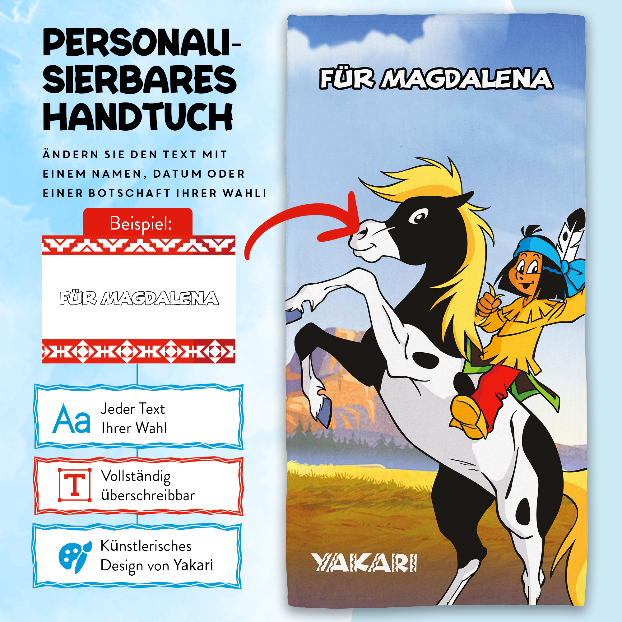 Yakari Handtuch mit dem Design Yakari Pesade mit Pferd in 2 Größen