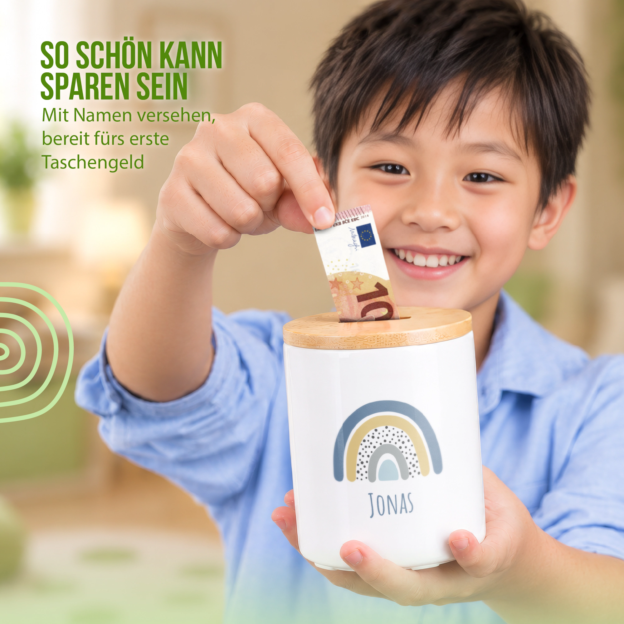 Spardose im Design Regenbogen Sternchen- Personalisierbar