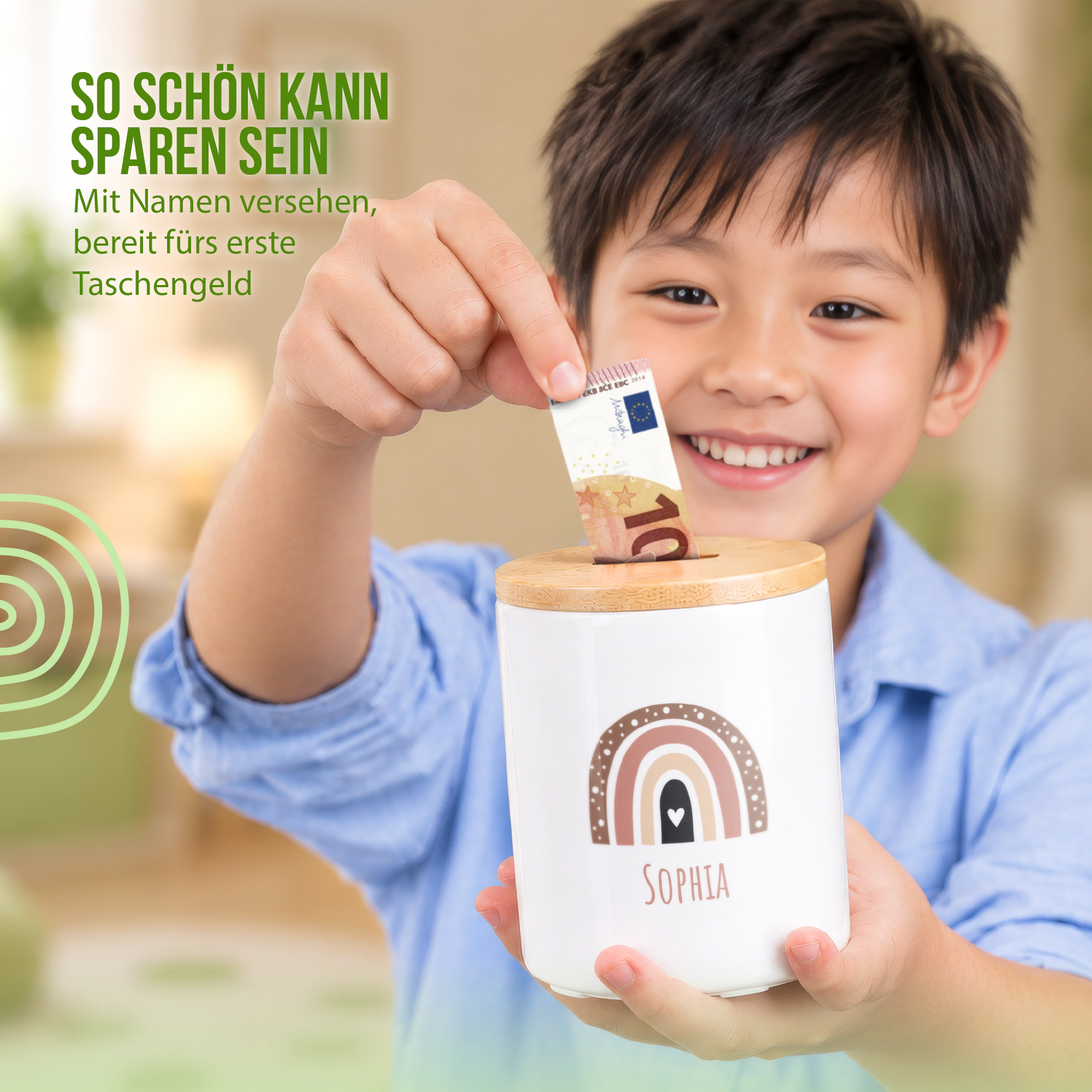 Spardose im Design Regenbogen Herzchen - Personalisierbar