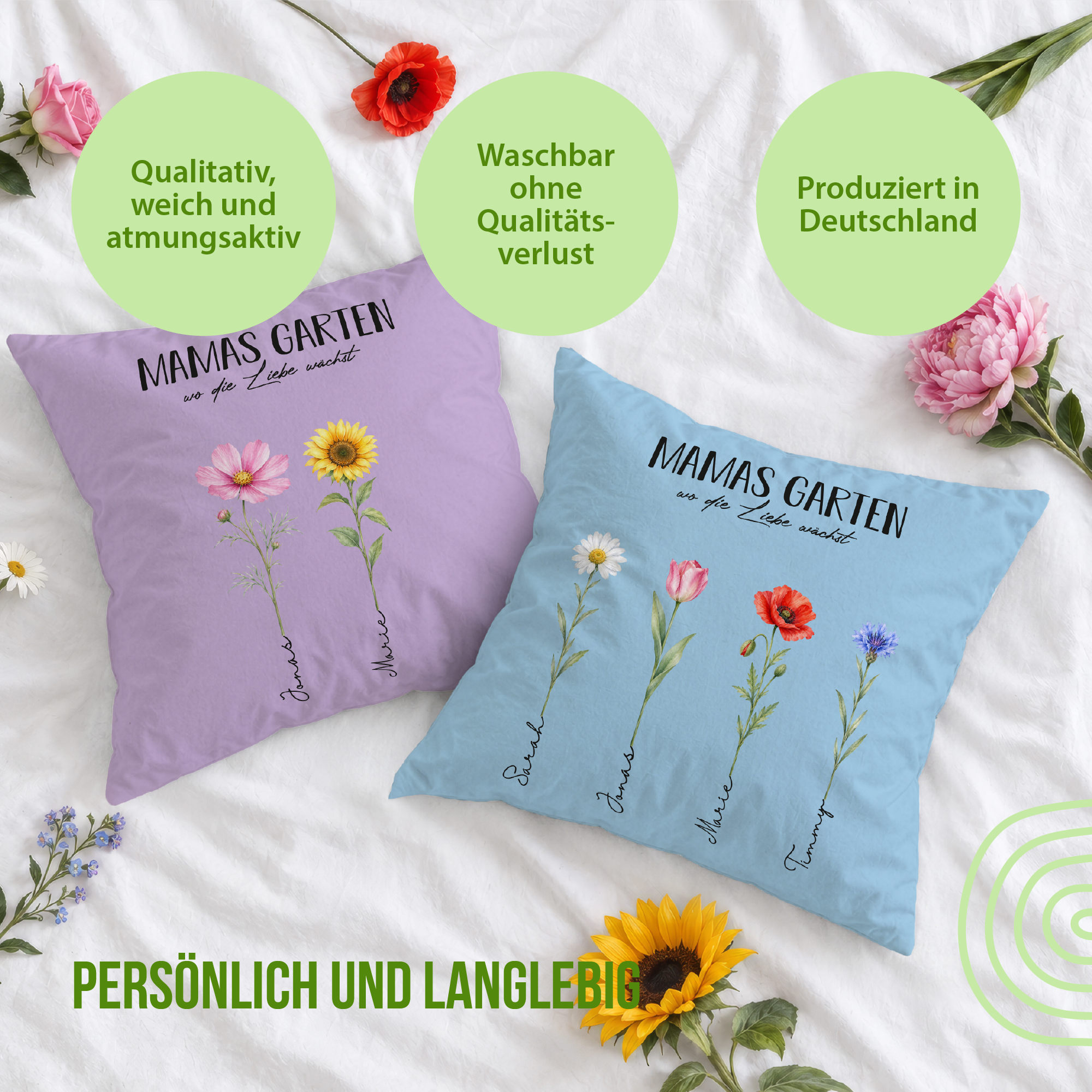 Kissen - Mamas Garten - Personalisiert mit Namen und Blumen