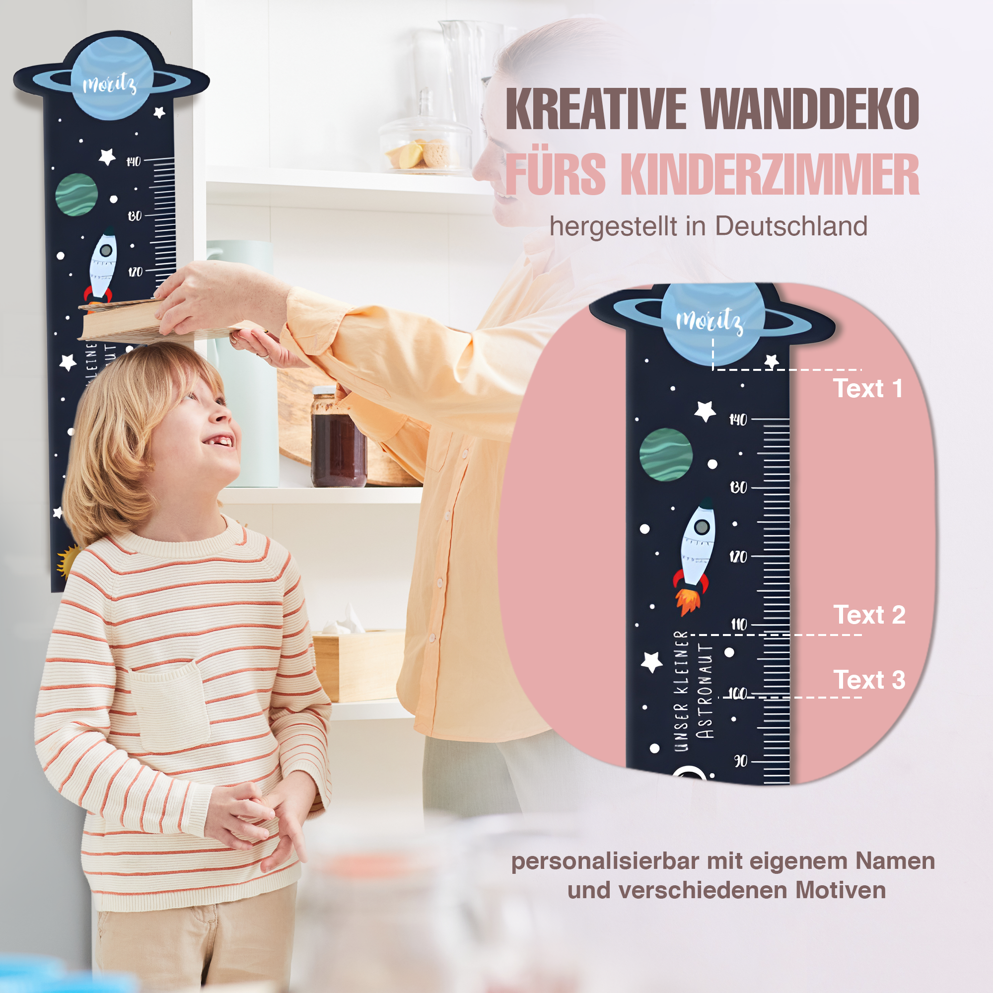 Messlatte für Kinder personalisiert mit Namen und eigenen Texten - Design Astronaut
