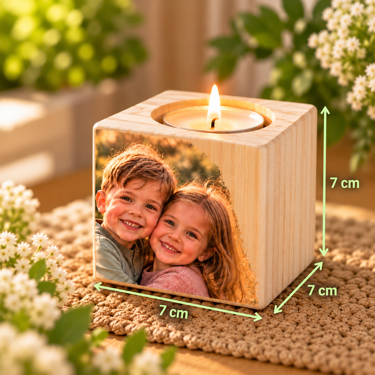 Personalisierter Teelichthalter aus Holz mit Foto oder Namen in Würfelform