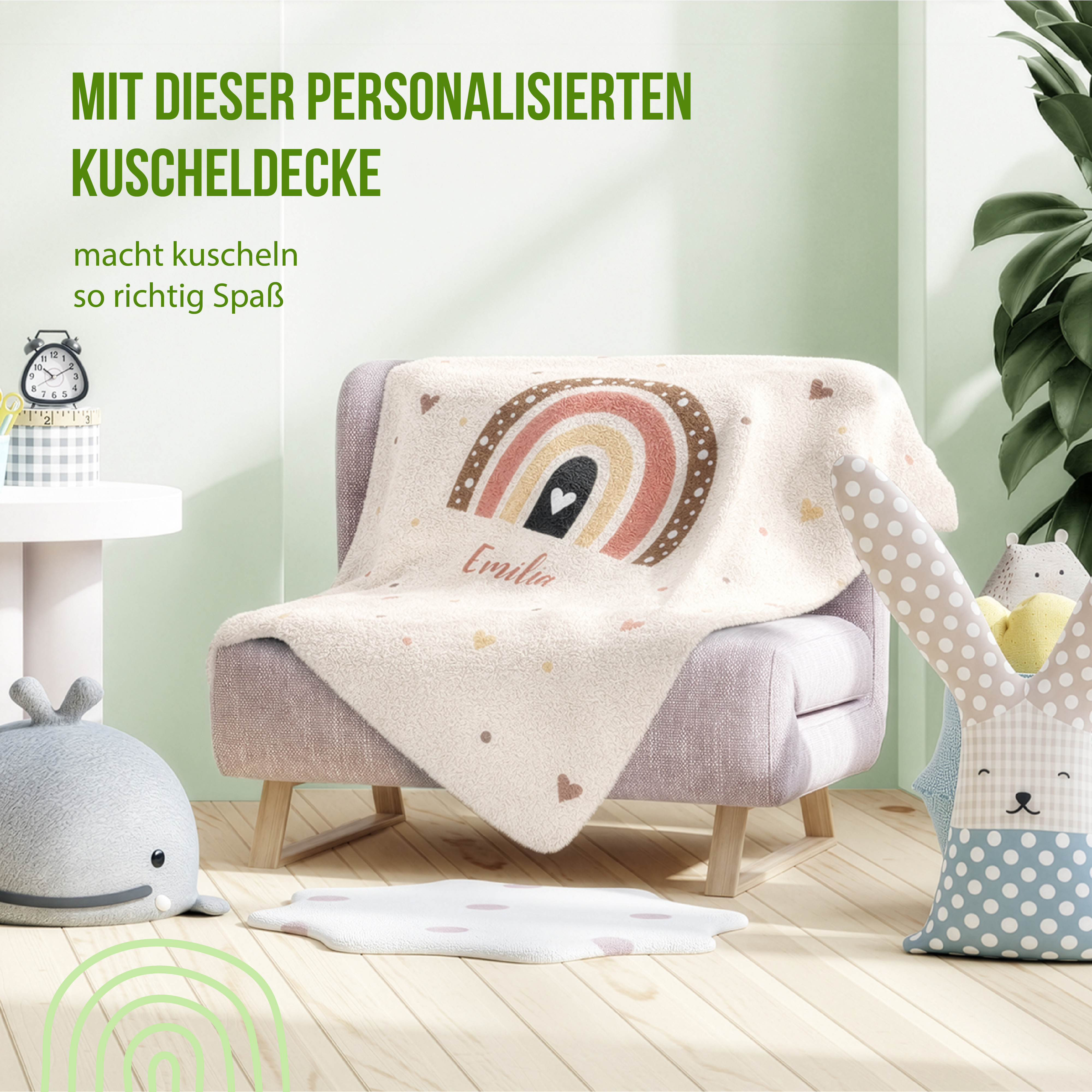 Kuscheldecke - Regenbogen Herzchen - Mit Namen oder Text personalisierbar