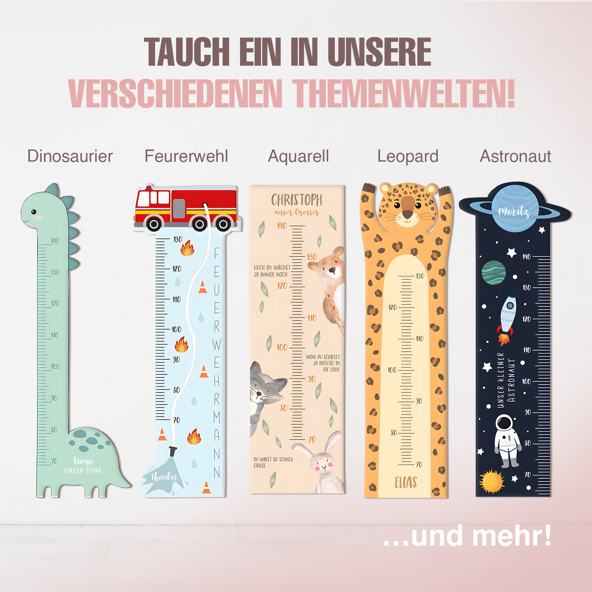 Messlatte für Kinder personalisiert mit Namen und eigenen Texten - Design Dino