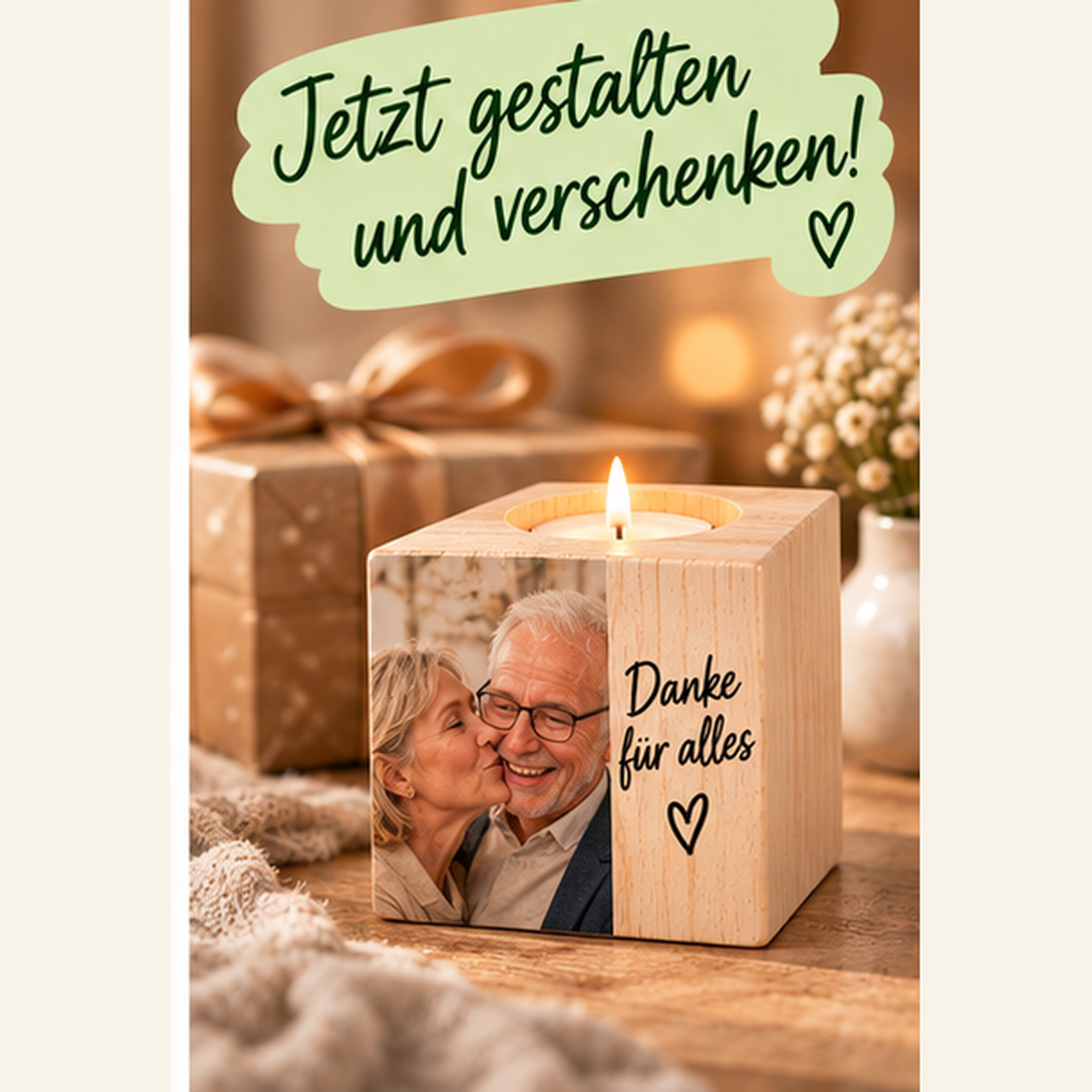 Personalisierter Teelichthalter aus Holz mit Foto oder Namen in Würfelform