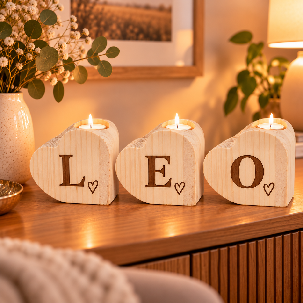 Personalisierter Teelichthalter aus Holz mit Foto oder Namen in eleganter Herzform