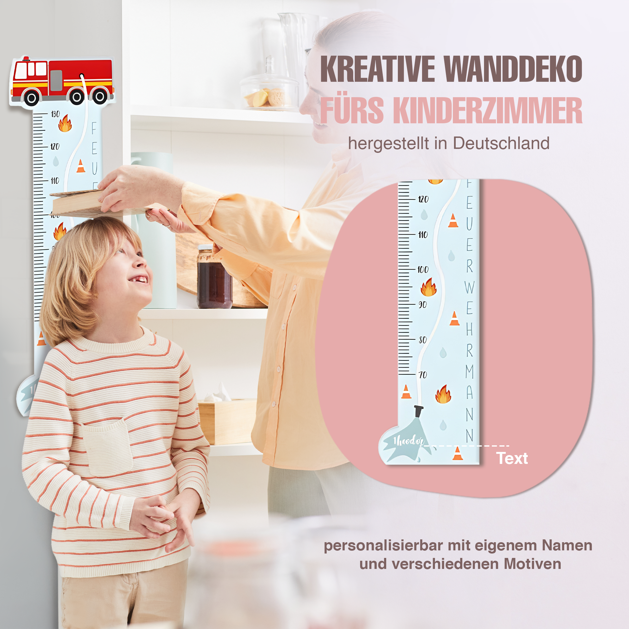 Messlatte für Kinder personalisiert mit Namen und eigenen Texten - Design Feuerwehr