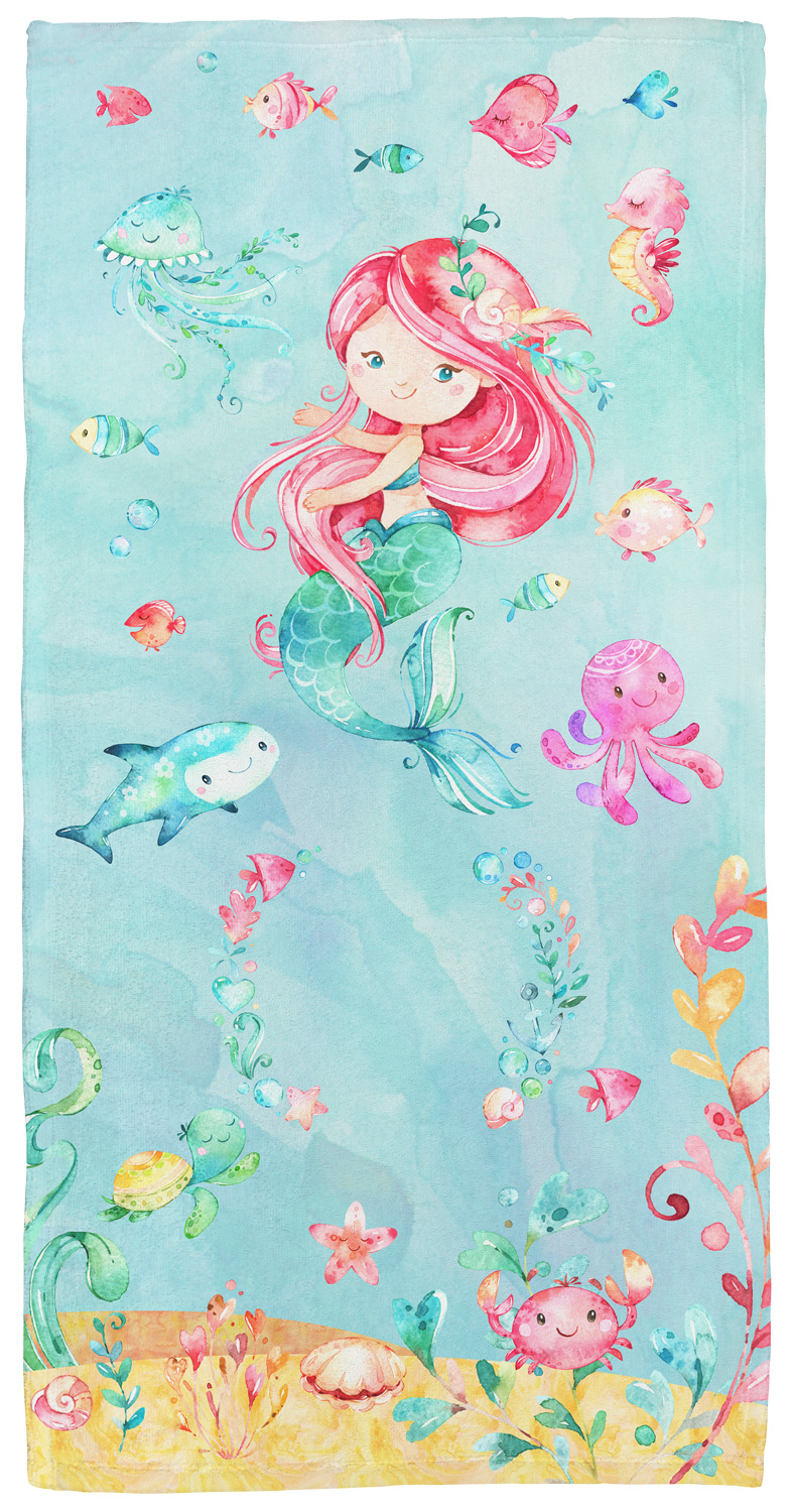 Handtuch mit Namen oder Text personalisierbar im Design Meerjungfrau in drei Größen 