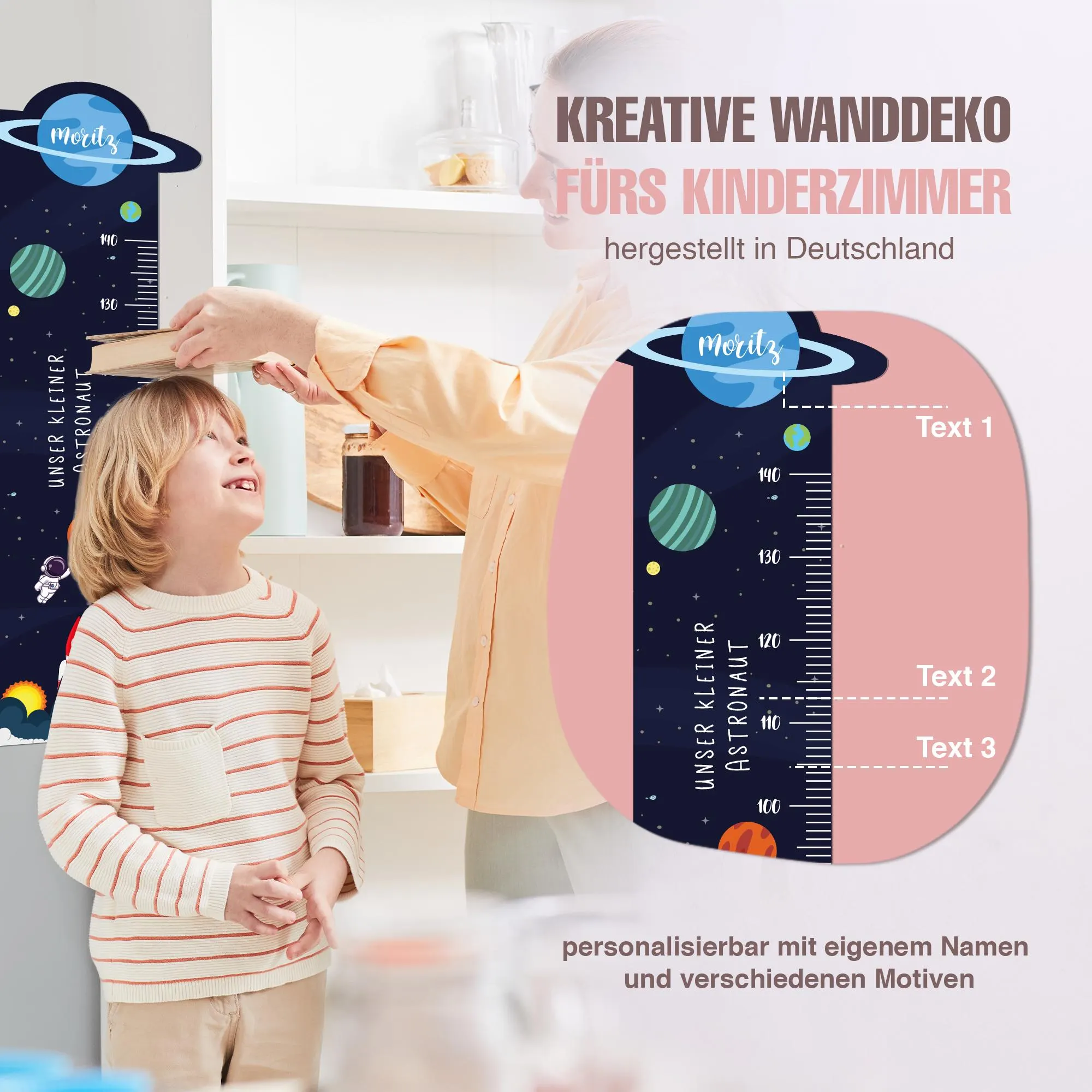 Messlatte für Kinder personalisiert mit Namen und eigenen Texten - Design Astronaut