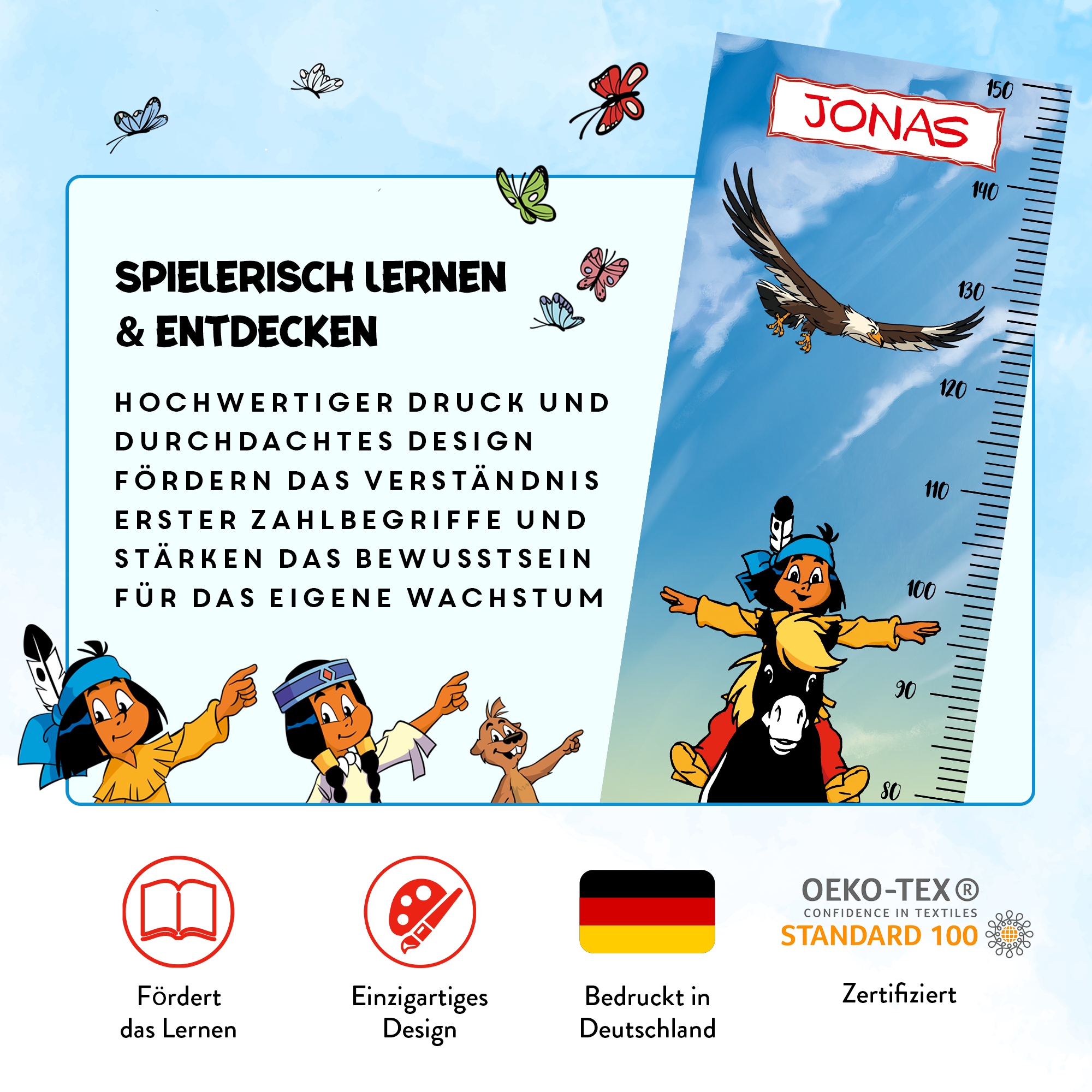 Yakari Messlatte für Kinder personalisiert mit Namen und eigenen Texten - Design Yakari Kleiner Donner