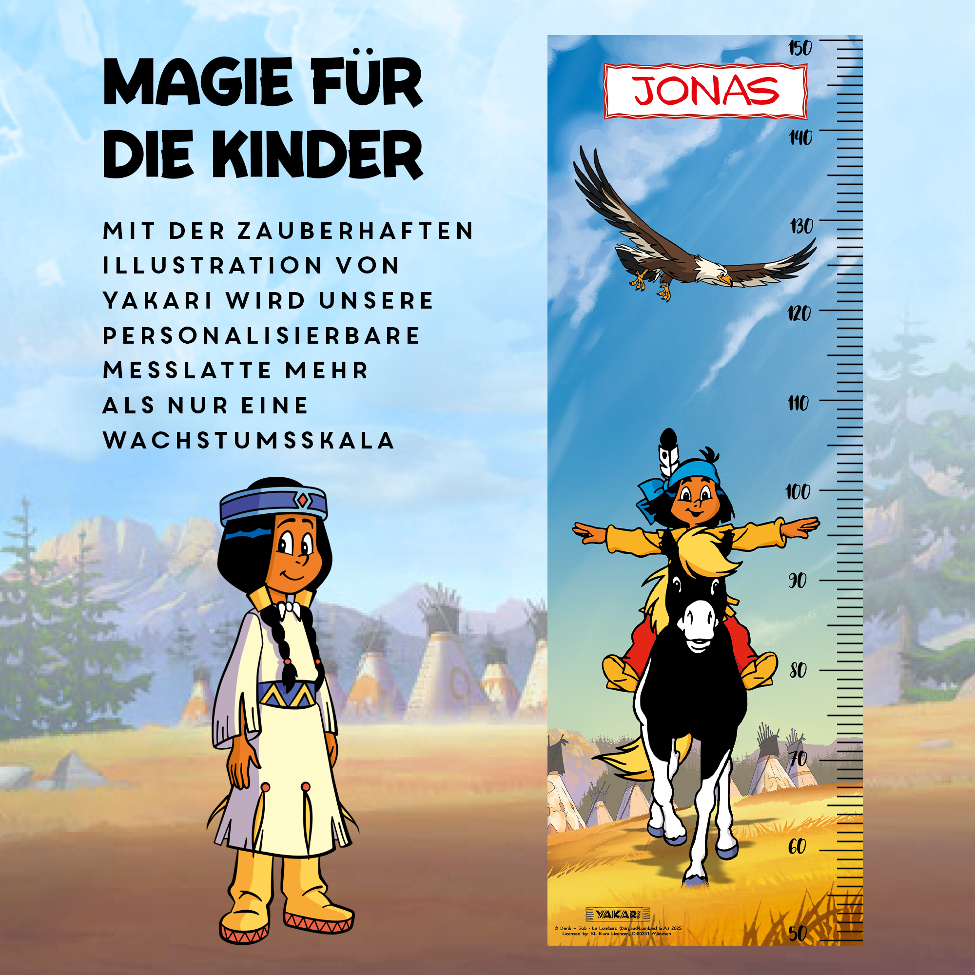 Yakari Messlatte für Kinder personalisiert mit Namen und eigenen Texten - Design Yakari Kleiner Donner