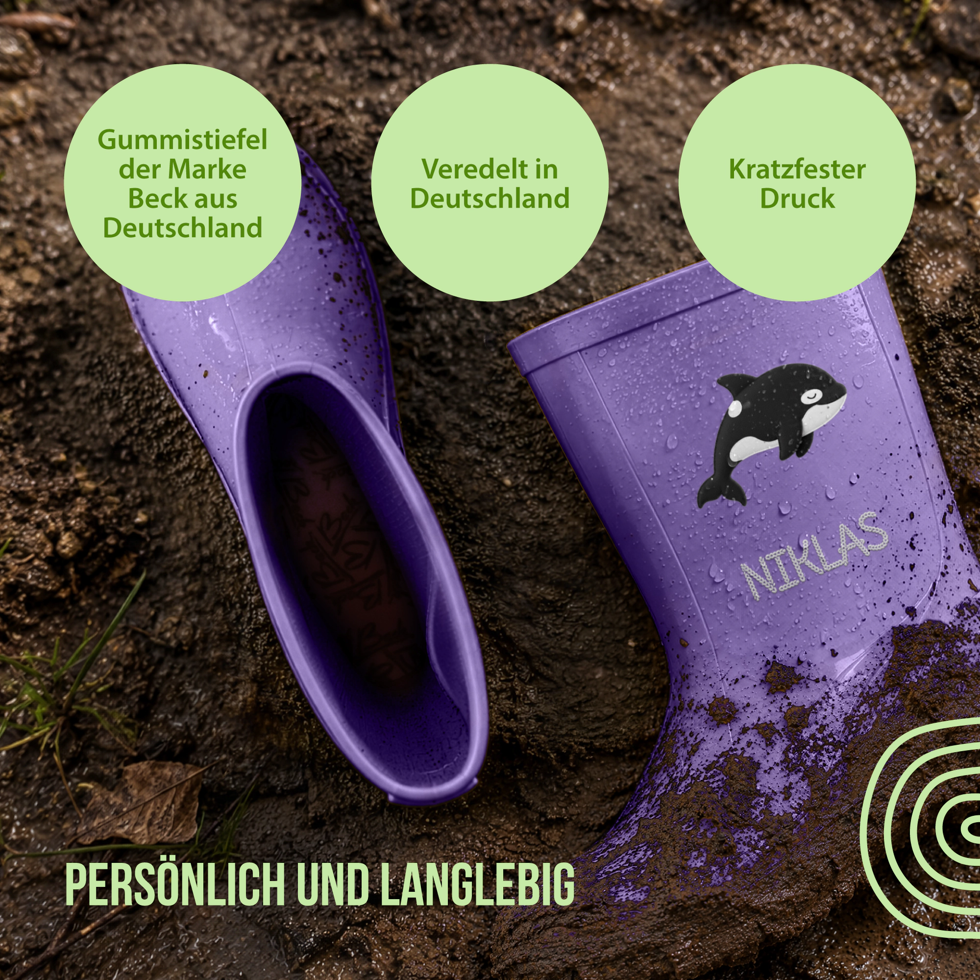 Personalisierte Gummistiefel mit Schlummer-Orca