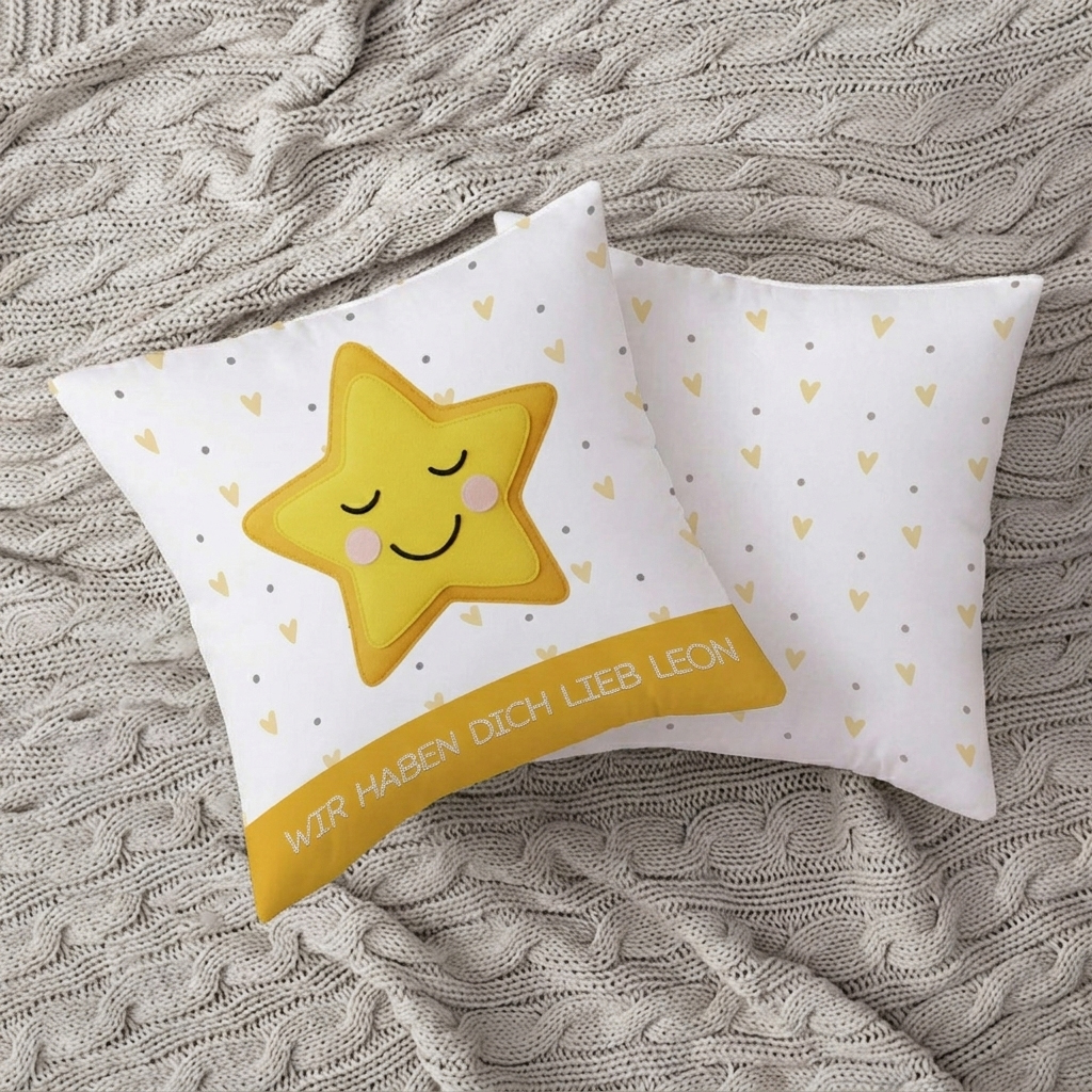 Personalisiertes Kissen „Schlummer-Stern“ – Kuschelweich in Stick-Optik
