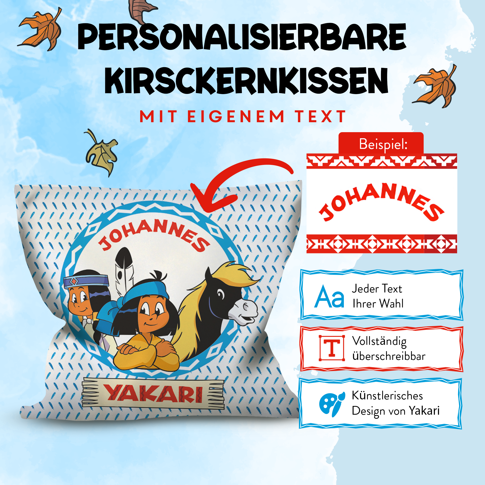 Yakari Kirschkernkissen 19x19cm Design blaue Streifen