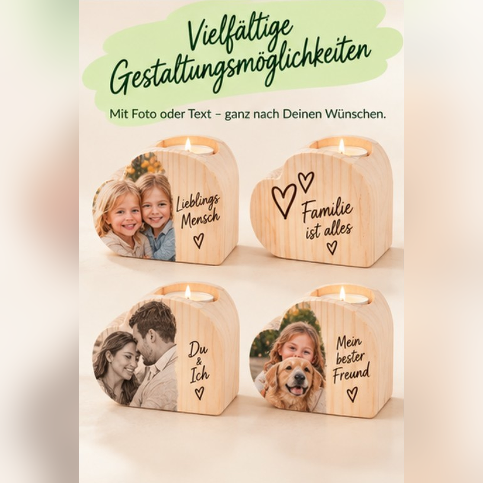 Personalisierter Teelichthalter aus Holz mit Foto oder Namen in eleganter Herzform