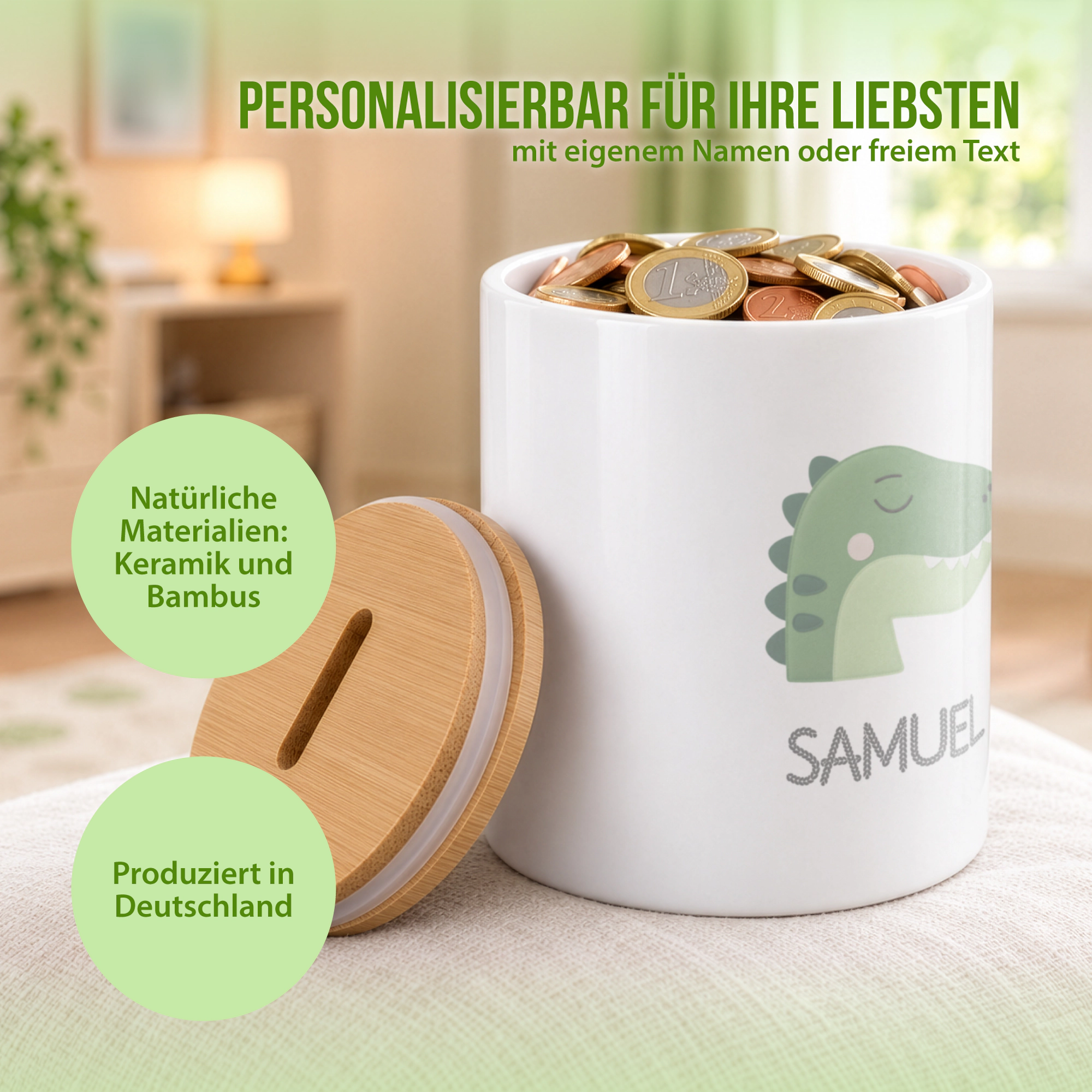 Schlummer-Spardose im Design Dino - Personalisierbar