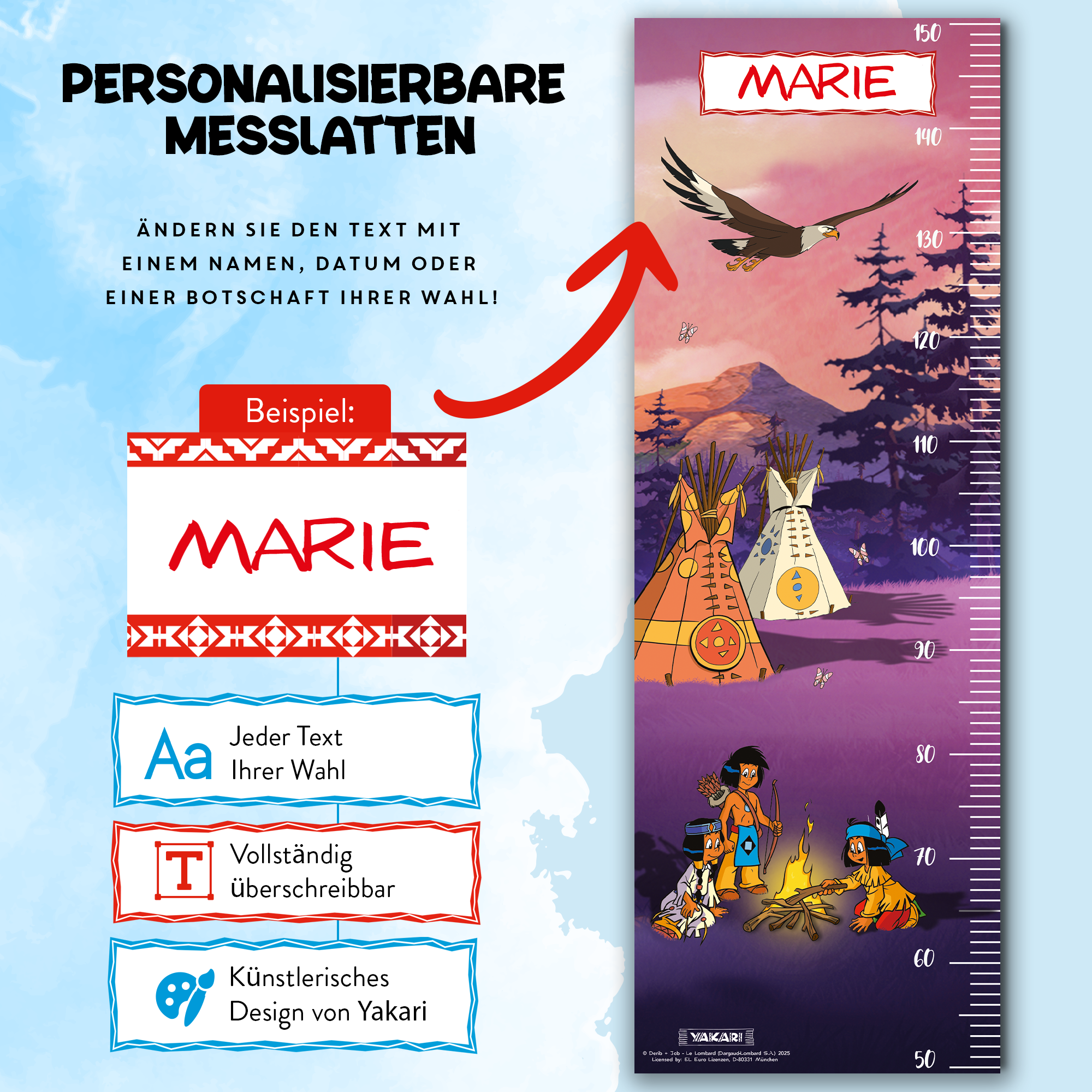 Yakari Messlatte für Kinder personalisiert mit Namen und eigenen Texten - Design Lagerfeuer