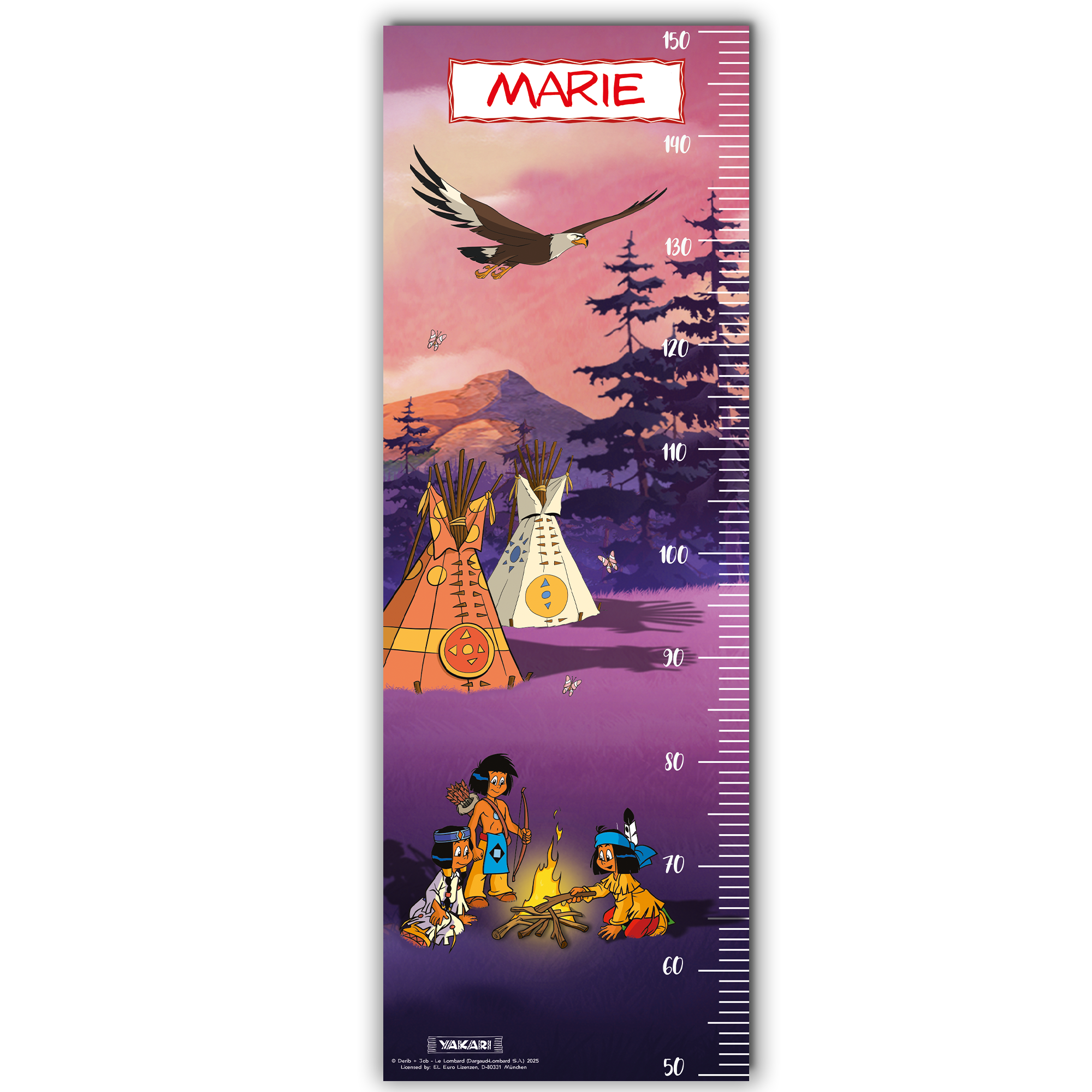 Yakari Messlatte für Kinder personalisiert mit Namen und eigenen Texten - Design Lagerfeuer
