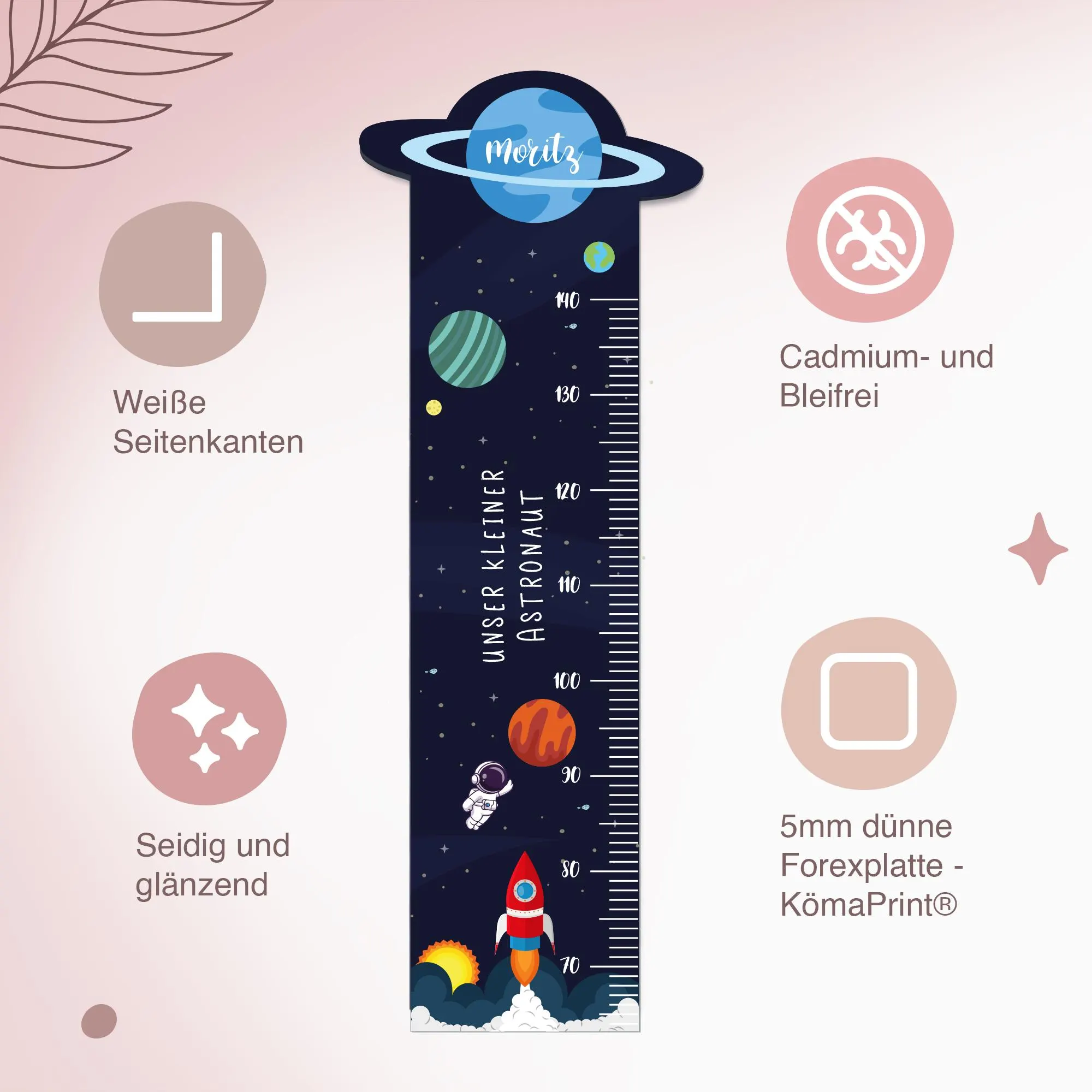 Messlatte für Kinder personalisiert mit Namen und eigenen Texten - Design Astronaut