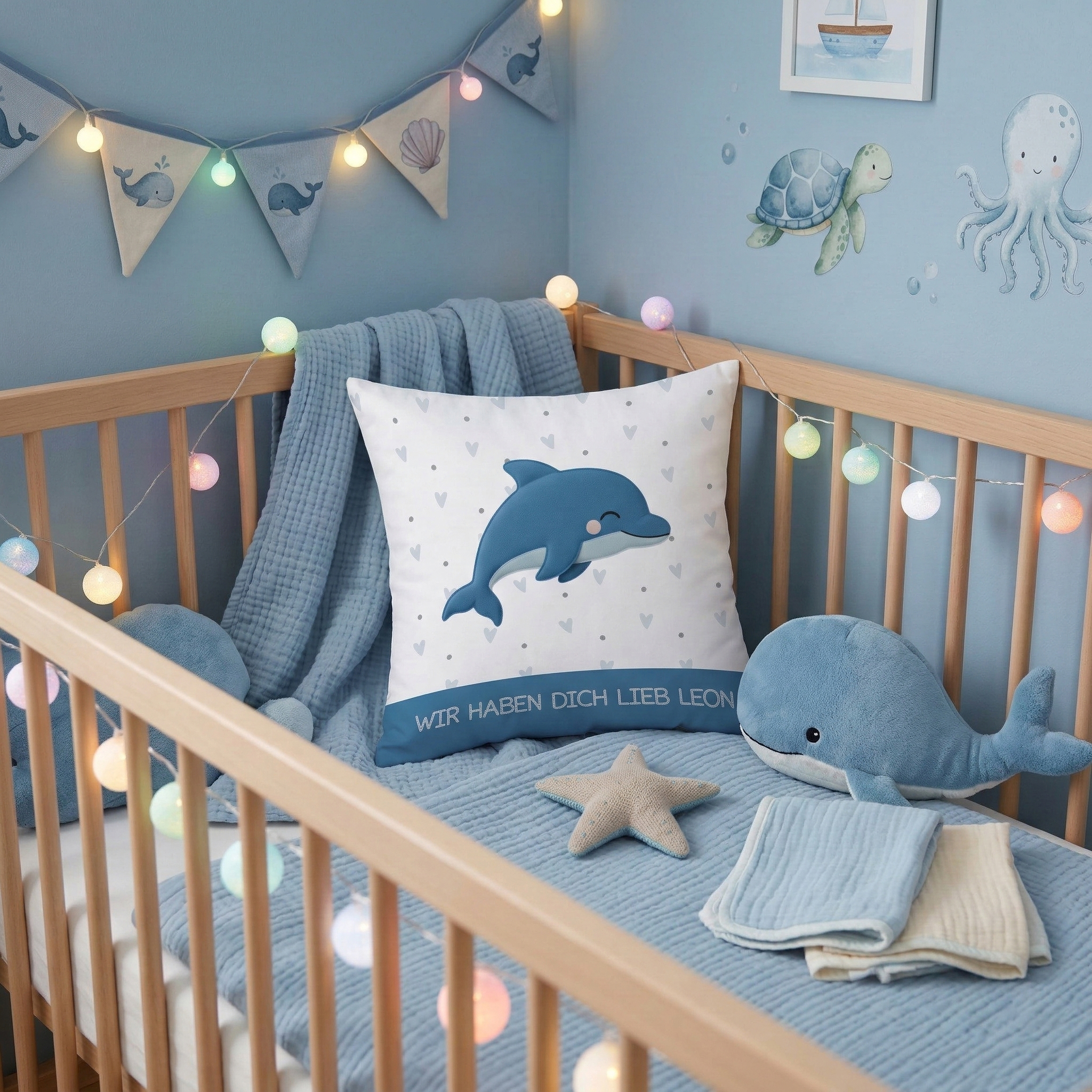 Personalisiertes Kissen „Schlummer-Delphin“ – Kuschelweich in Stick-Optik