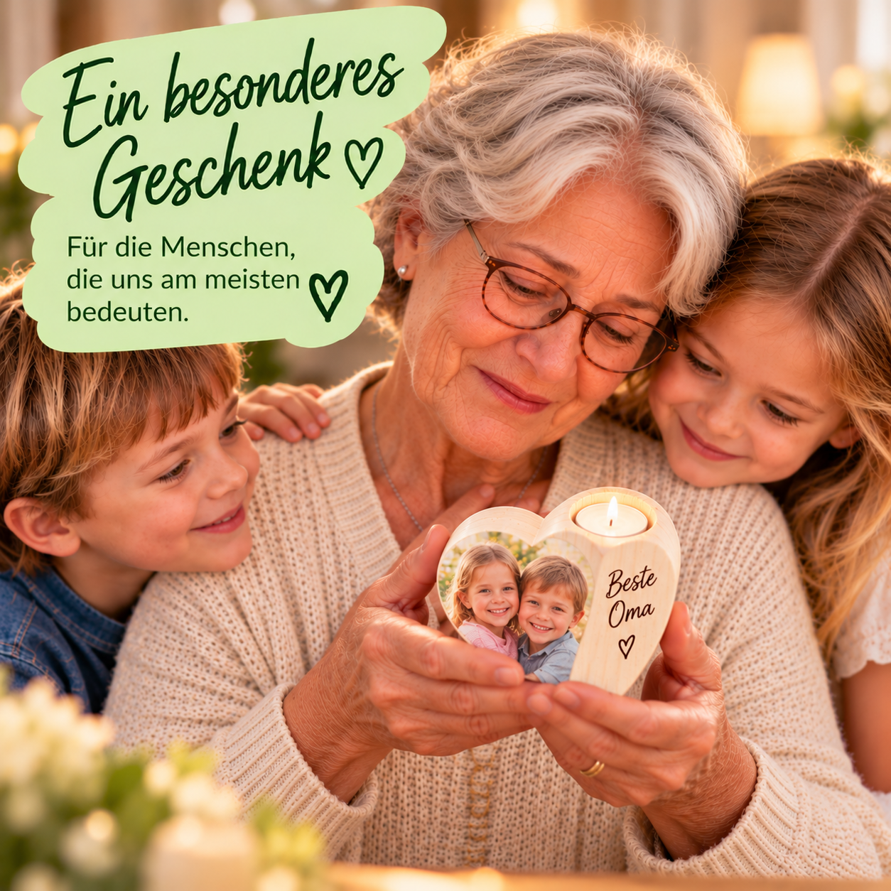 Personalisierter Teelichthalter aus Holz mit Foto oder Namen in eleganter Herzform