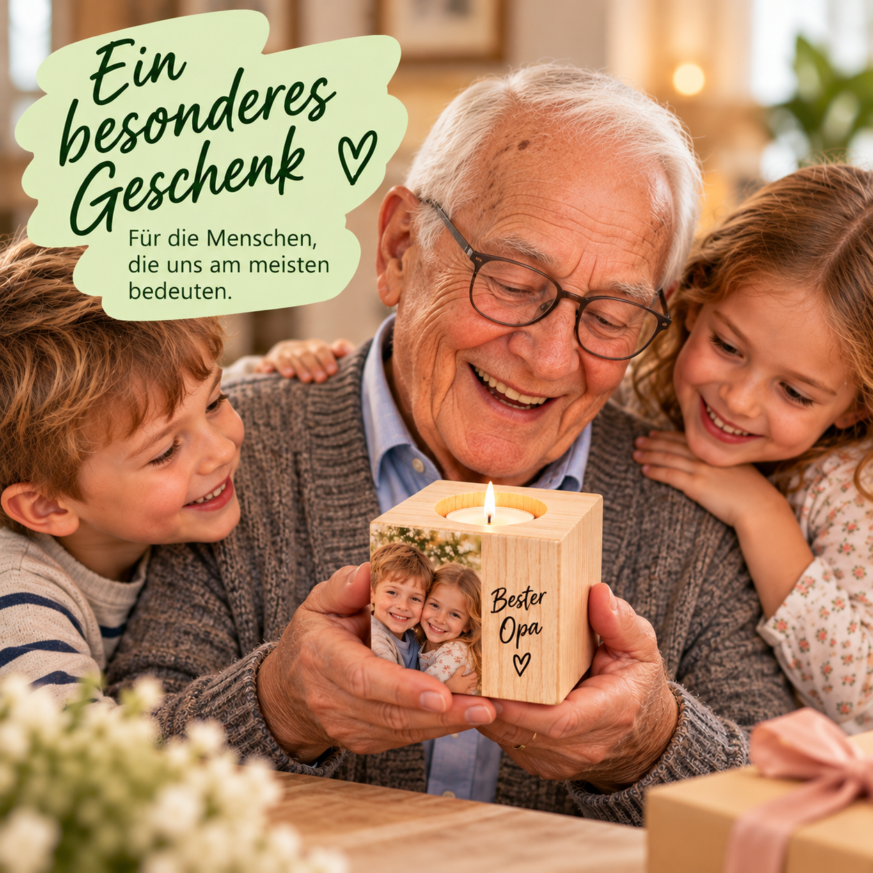 Personalisierter Teelichthalter aus Holz mit Foto oder Namen in Würfelform
