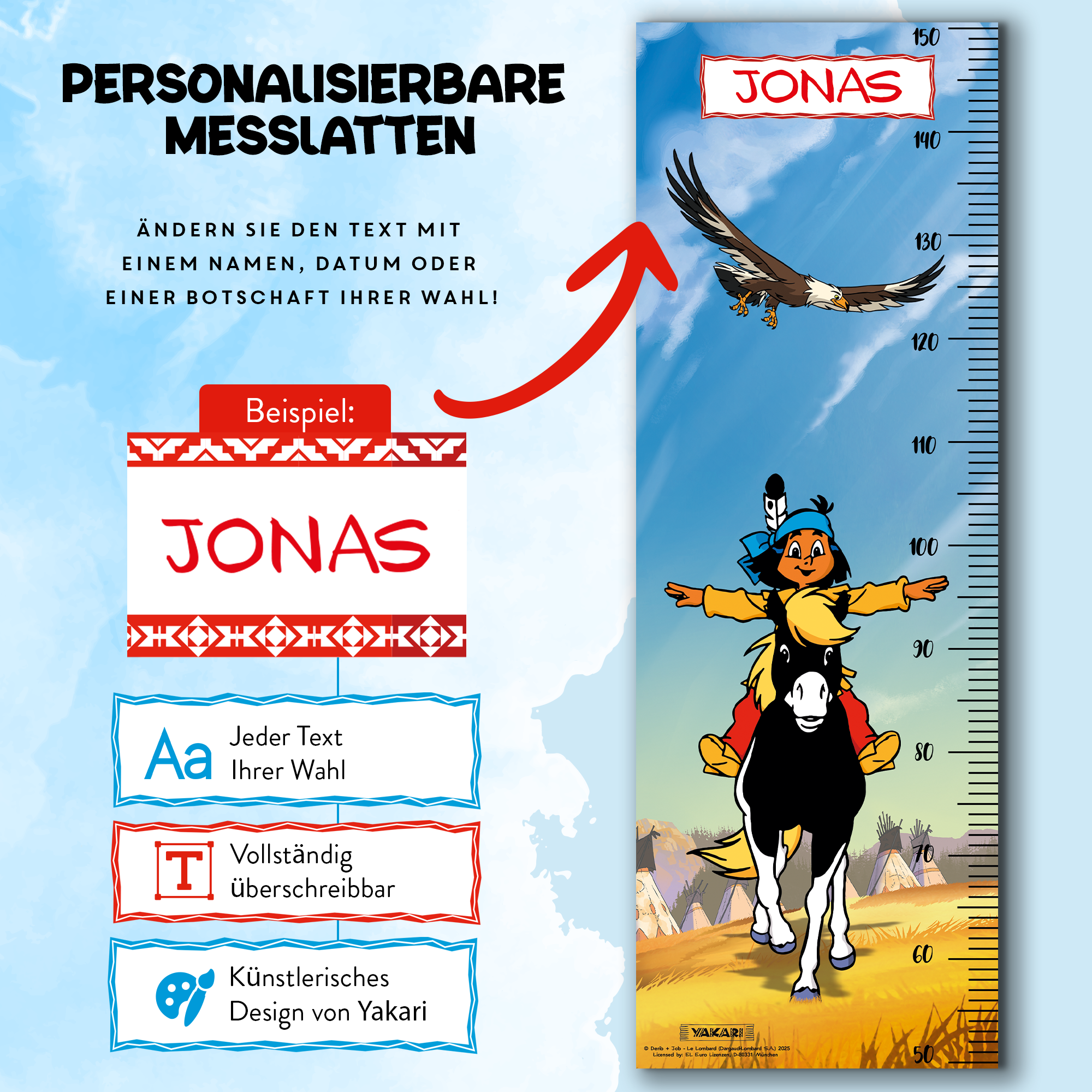 Yakari Messlatte für Kinder personalisiert mit Namen und eigenen Texten - Design Yakari Kleiner Donner
