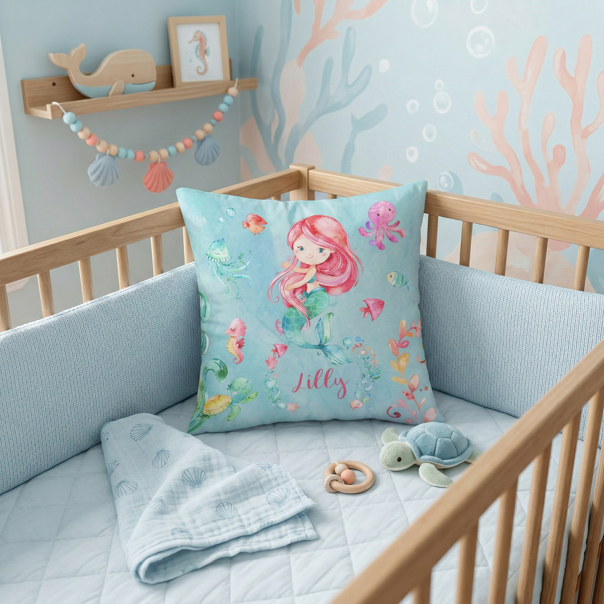 Kissen 40x40 cm inklusive Innenkissen mit Namen oder Text personalisierbar im Design Meerjungfrau in zwei Größen 