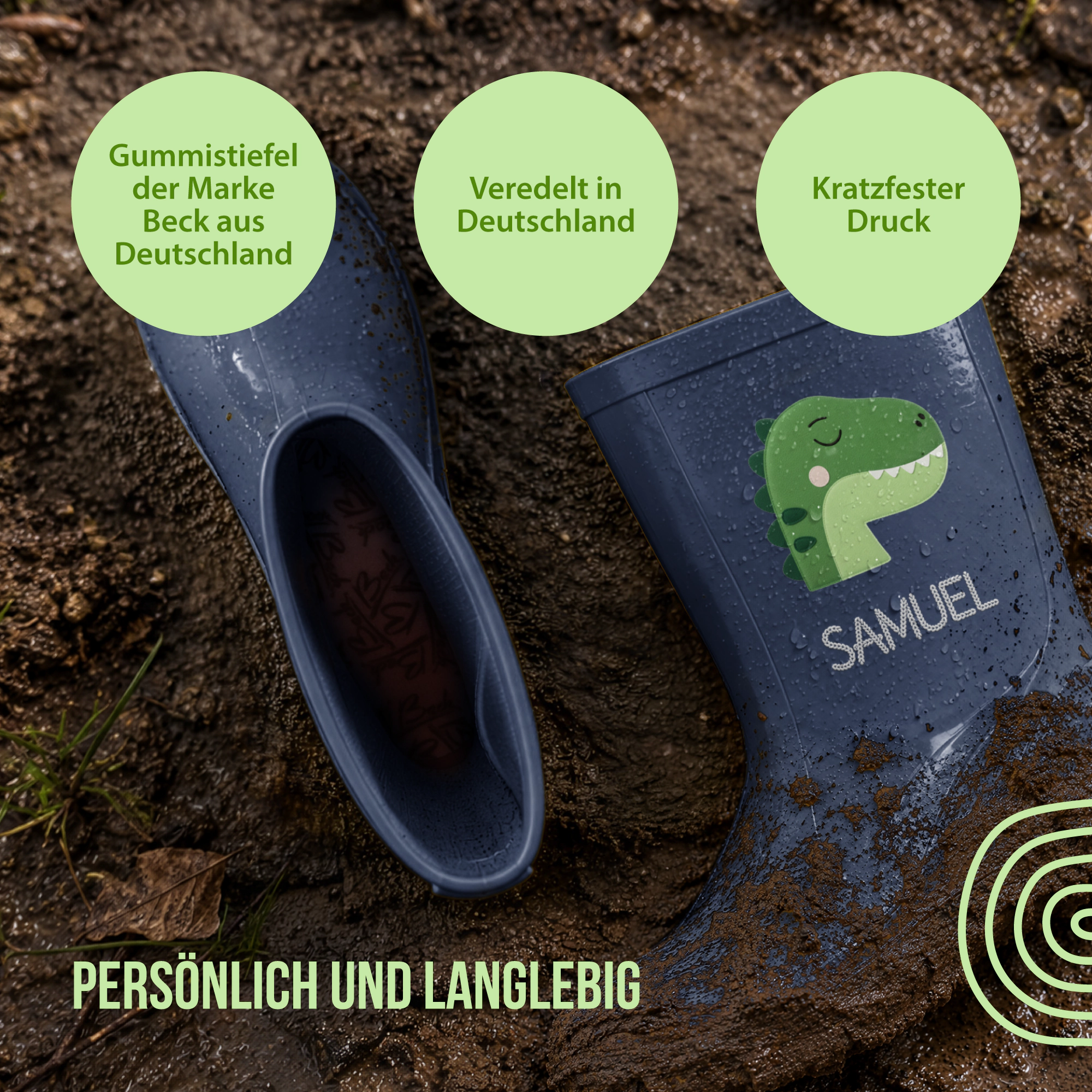 Personalisierte Gummistiefel mit Schlummer-Dino