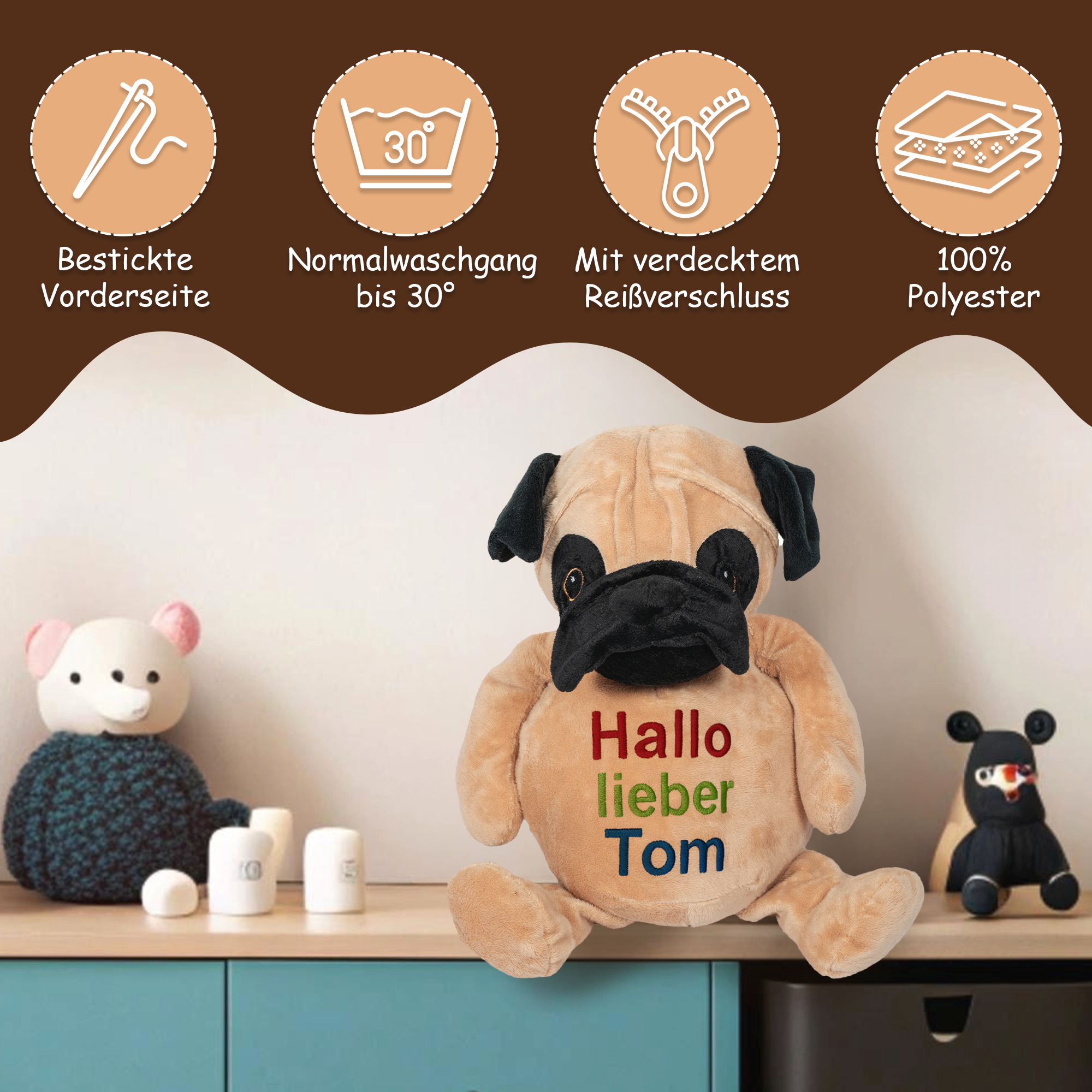 Mops Parker mit hochwertigem Stick für eure Kleinen