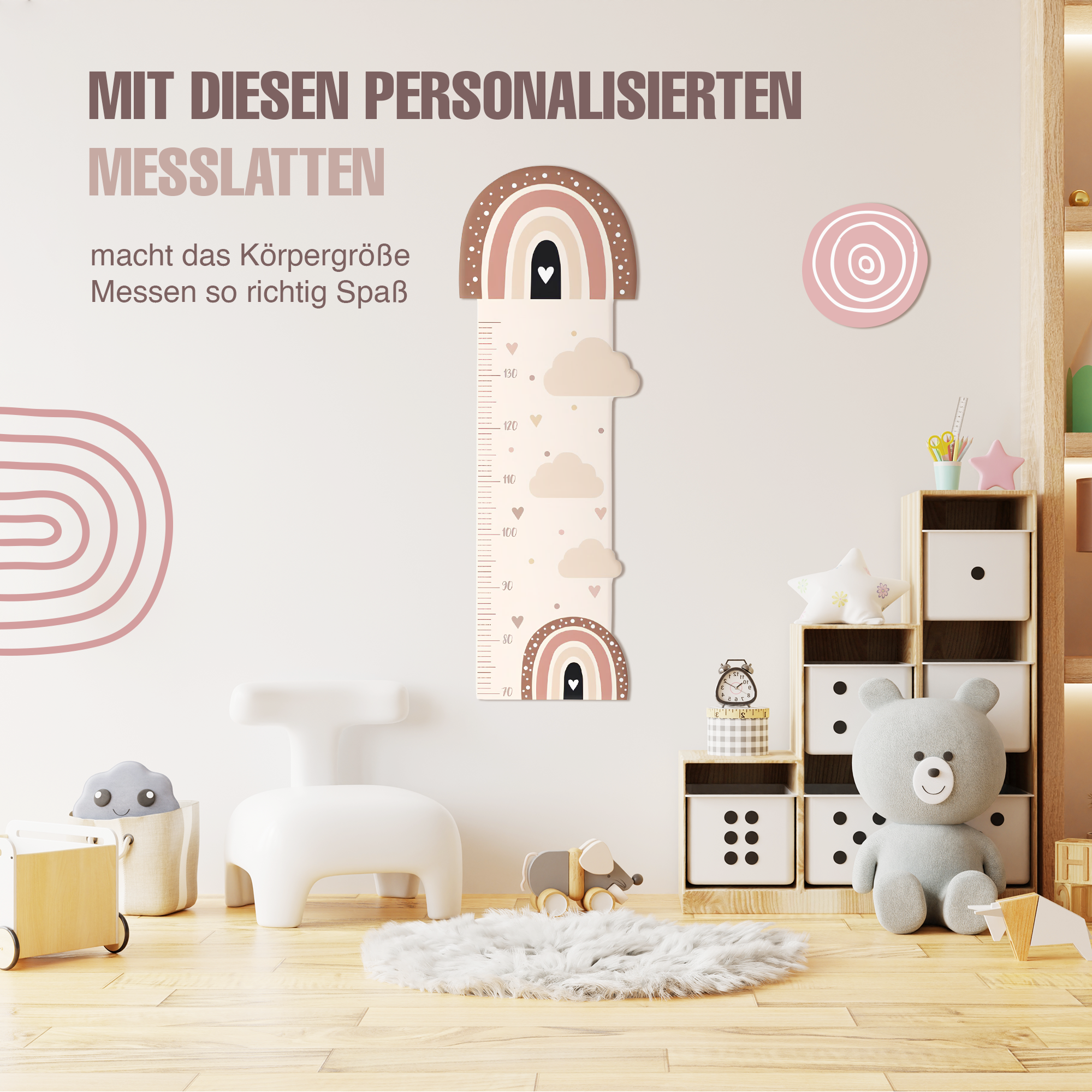 Messlatte für Kinder personalisiert mit Namen und eigenen Texten - Design Regenbogen Herzchen