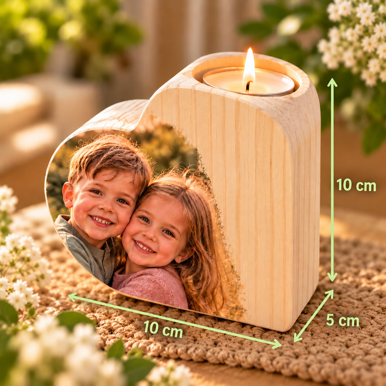 Personalisierter Teelichthalter aus Holz mit Foto oder Namen in eleganter Herzform