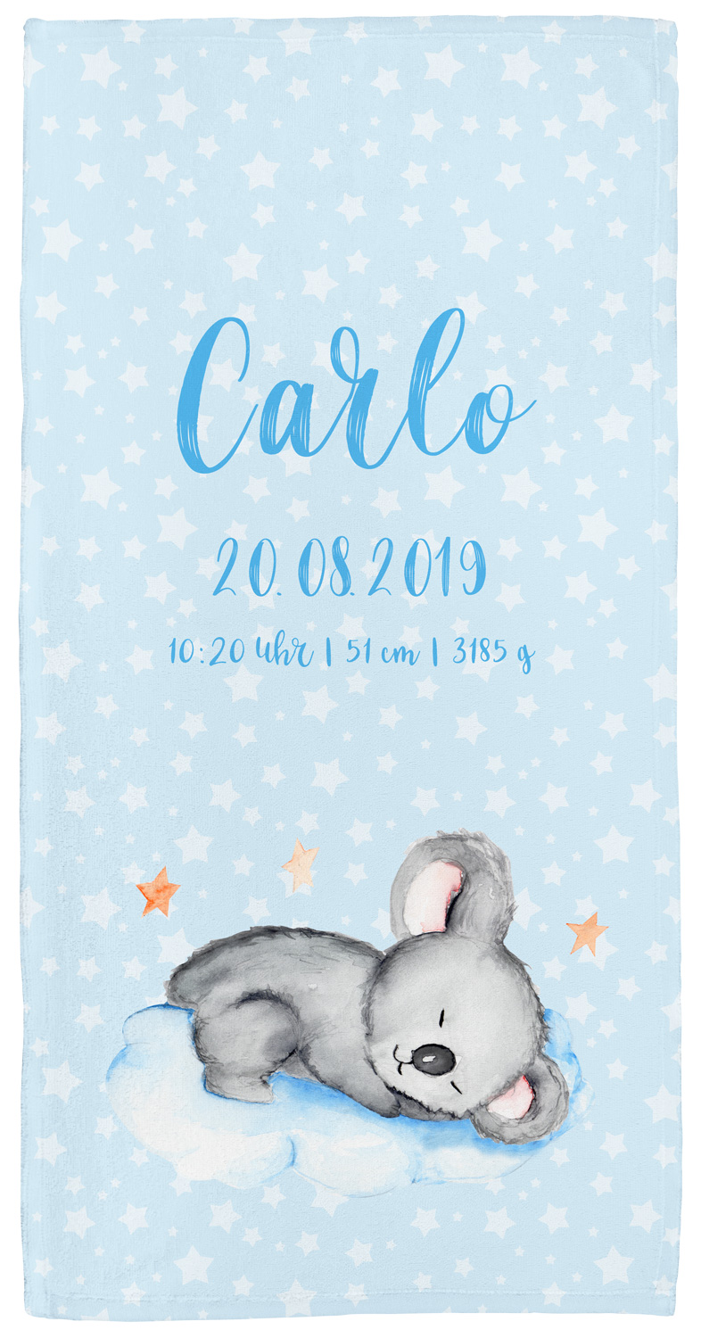 Handtuch mit Namen oder Text personaliserbar im Design Koala in blau in drei Größen