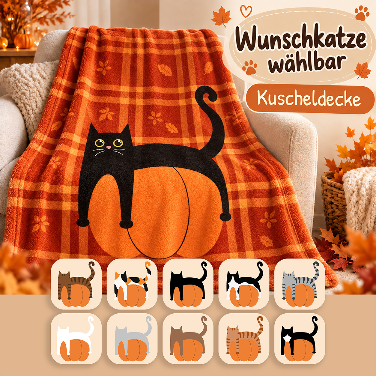 Kuscheldecke - Kürbis Katze - personalisierbar