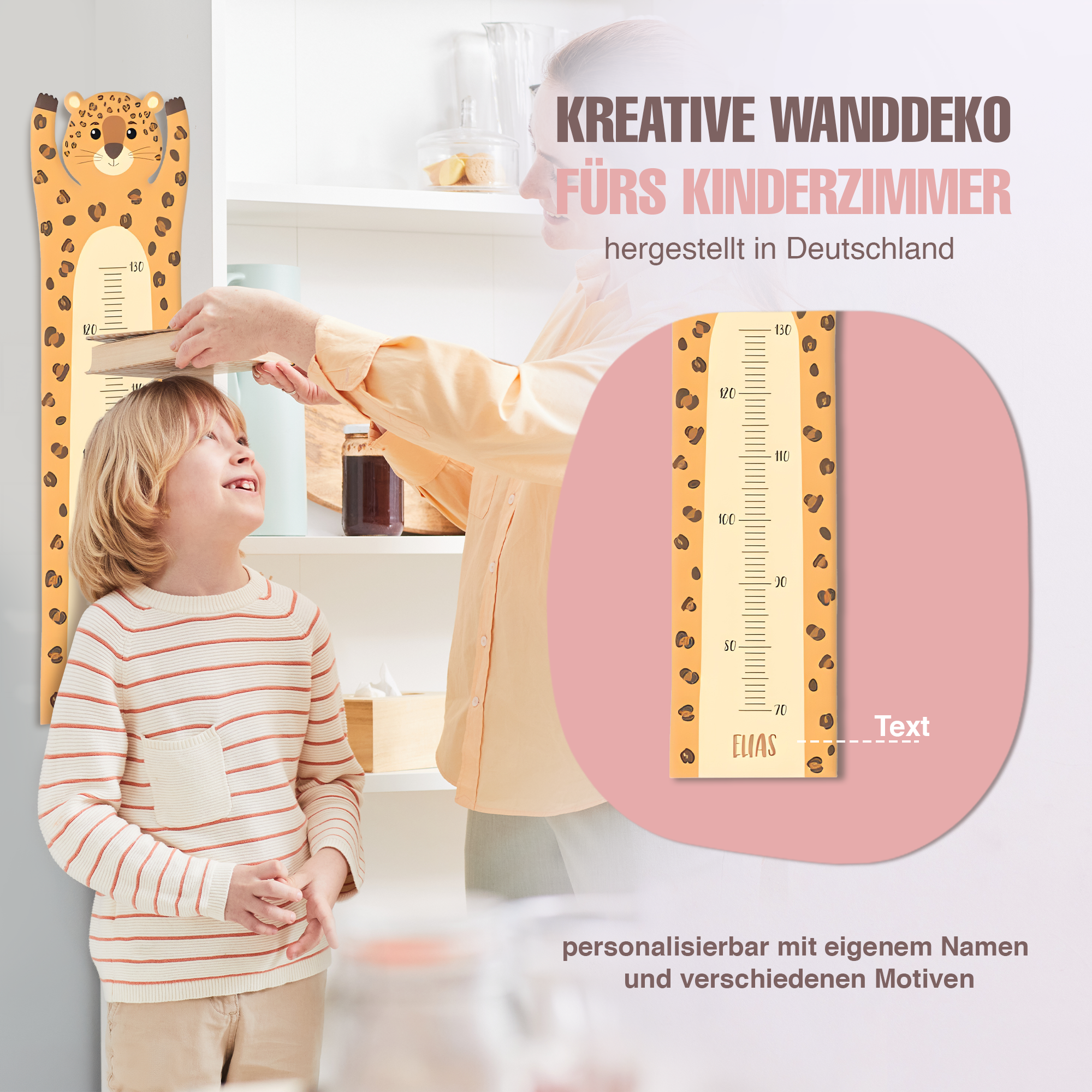 Messlatte für Kinder personalisiert mit Namen und eigenen Texten - Design Leopard ganz groß