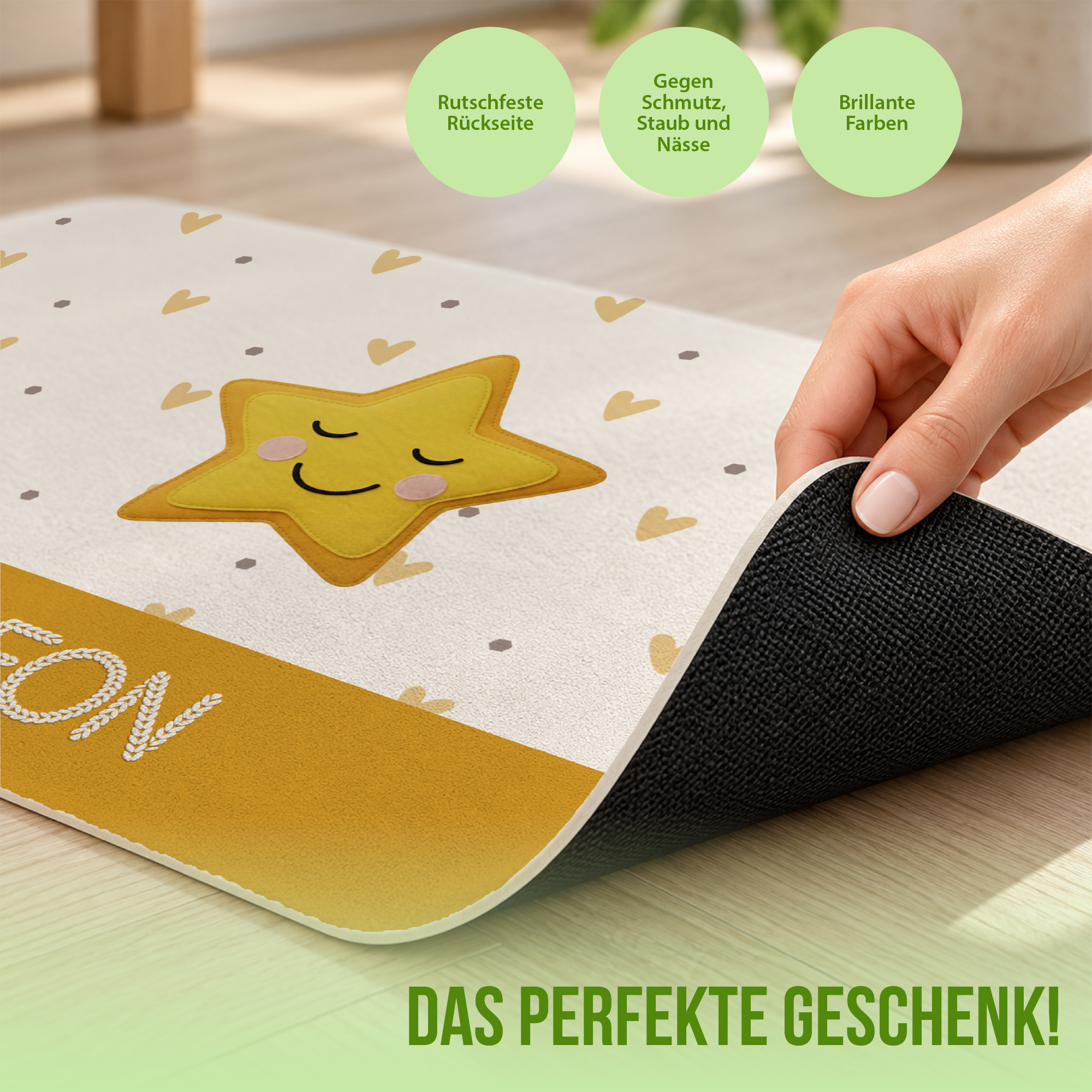 Schlummer Kinder-Fußmatte mit Namen | 60 × 40 cm | Liebevolle Tiermotive für Kinderzimmer