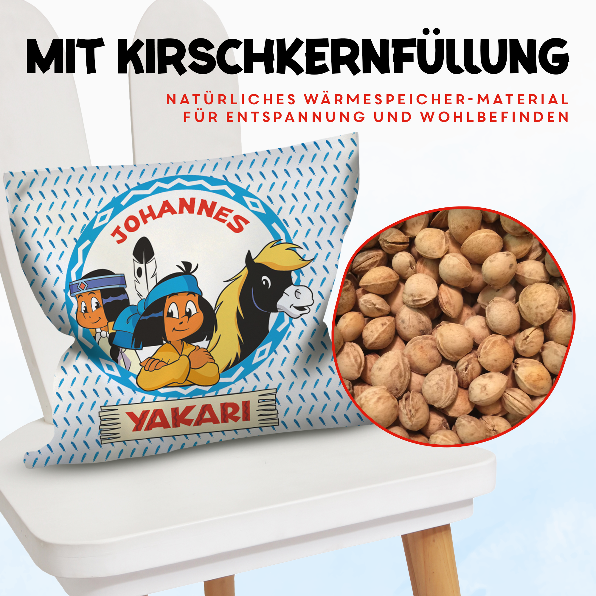 Yakari Kirschkernkissen 19x19cm Design blaue Streifen